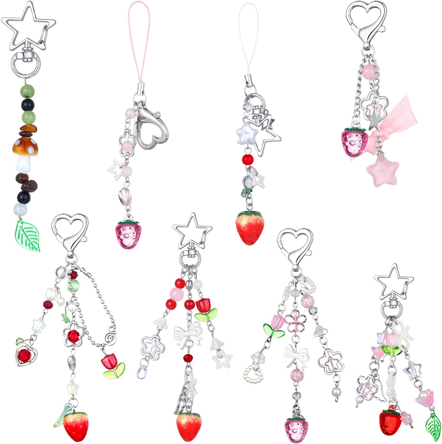 8 Pcs Y2k Cute Strawberry Keychains Star Tulip Keychain Accessories Aesthetic Phone Charms for Women Bag Purse Gifts, Red, Pink, as pic