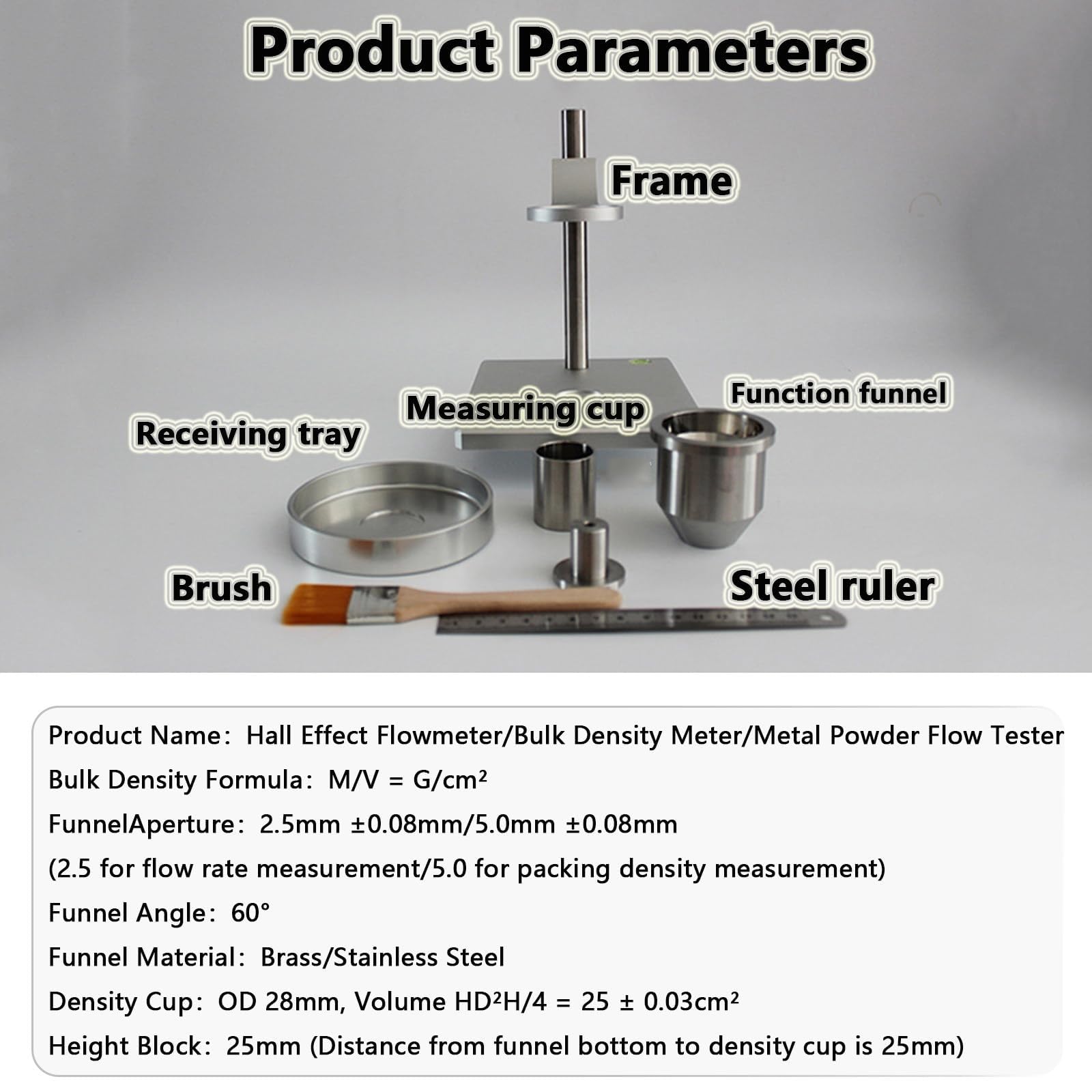 Hochpräziser Halldurchflussmesser, Pulverdurchfluss- und Schüttdichte-Tester mit 2,5 mm und 5 mm Trichter, ideal für Materialprüfungen in Metallurgie, Chemie und Laborumgebungen