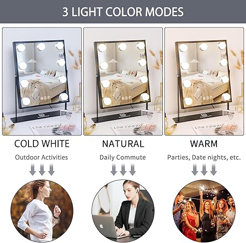 Miniatura 9 de FENCHILIN Espejo Hollywood con luz iluminada, espejo de maquillaje, espejo de maquillaje, control táctil inteligente, 3 colores, luz dimable