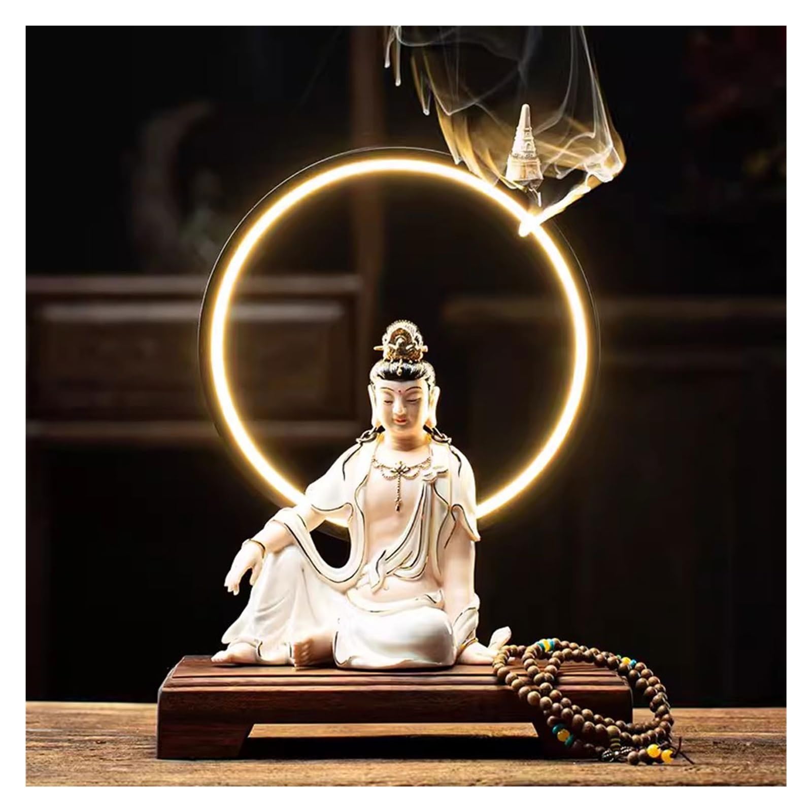 Incense Holder Base Chinese Zen Incense Burner Guanyin Bodhisattva Tathagata Buddha Statue Living Room Entrance Lamp Circle Decoration(C)