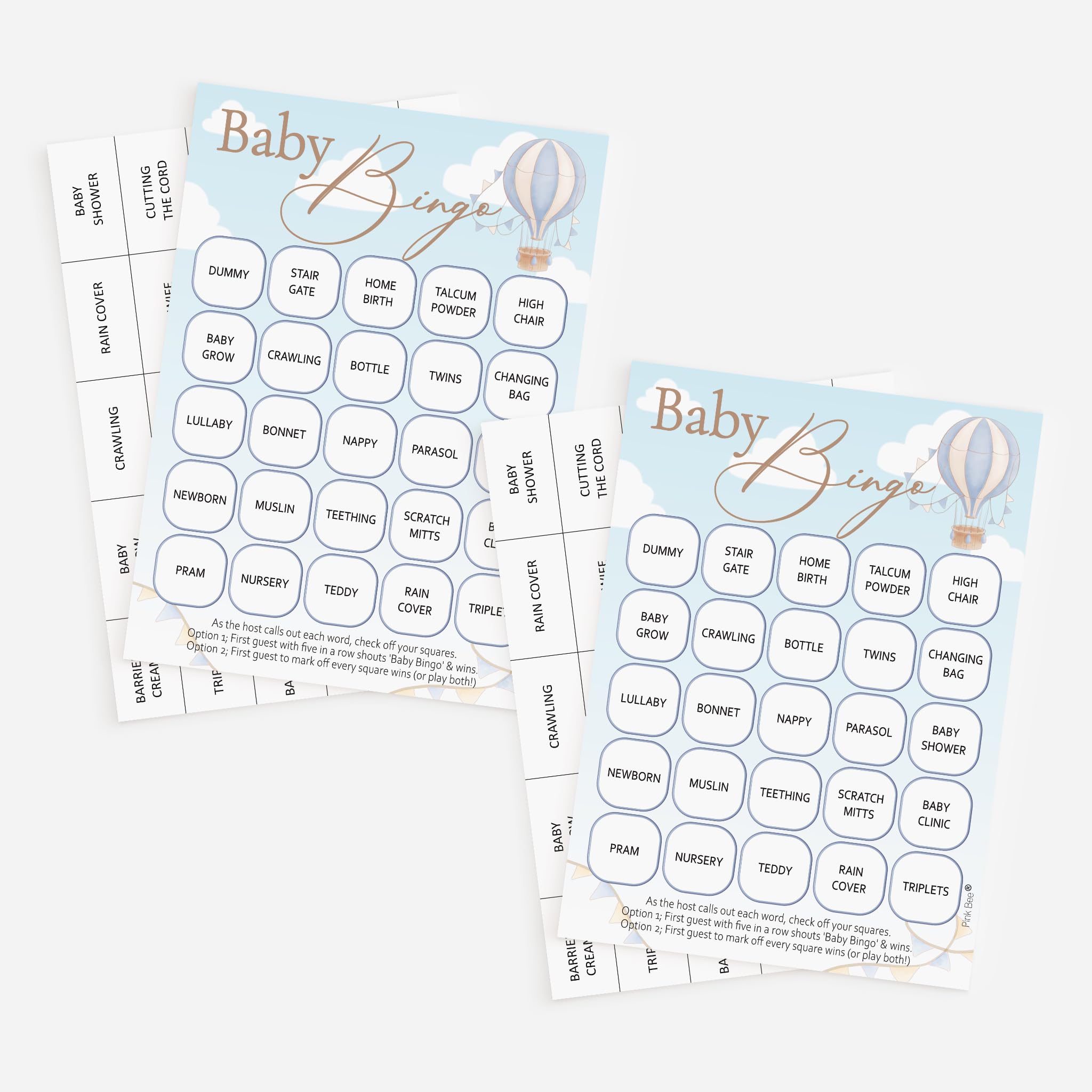 Pink Bee Baby Shower Bingo Game in Hot Air Balloon Theme; Up, Up and Away in Pastel Blue and Cream for Boys, Fun Activity (2x 20 Player)