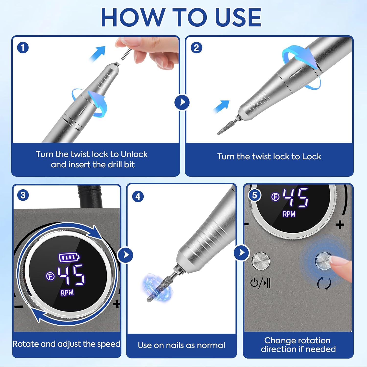 Portable Nail Drill Electric File: 45000RPM Professional Rechargeable Nail E File Machine for Acrylic & Gel Nails, Cordless Efile with 7 Drill Bits, 56 Sanding Bands & Base for Salon Home (Gray)