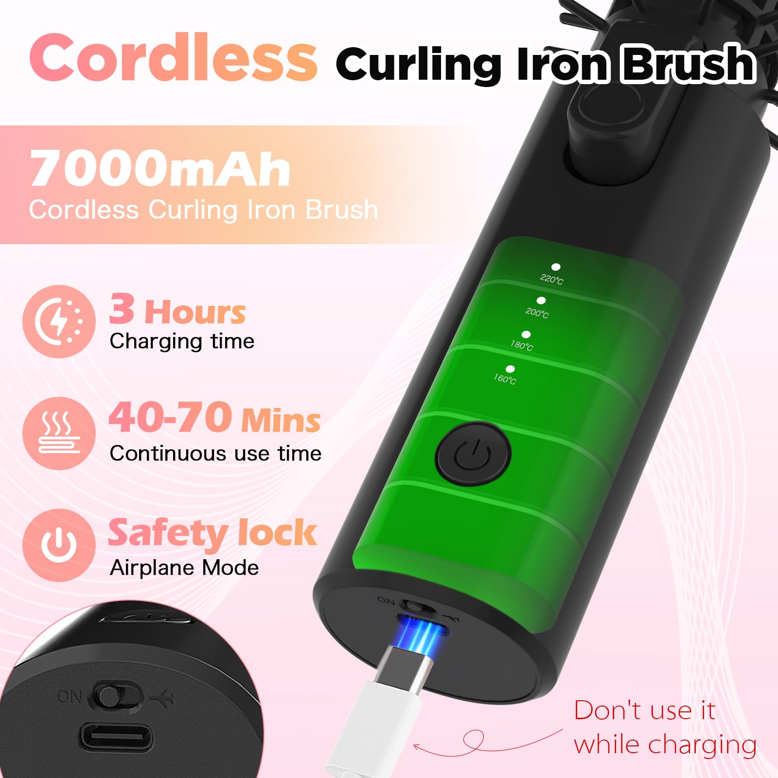 Fer à boucler sans fil 32 mm avec 4 températures, fer à friser portable rechargeable USB 7000 mAh pour grandes boucles