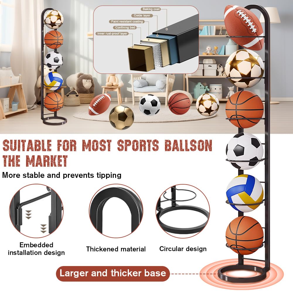 Support Ballon Basket Vertical 6 Niveaux, Range-Ballons Amovible pour Basketball Football