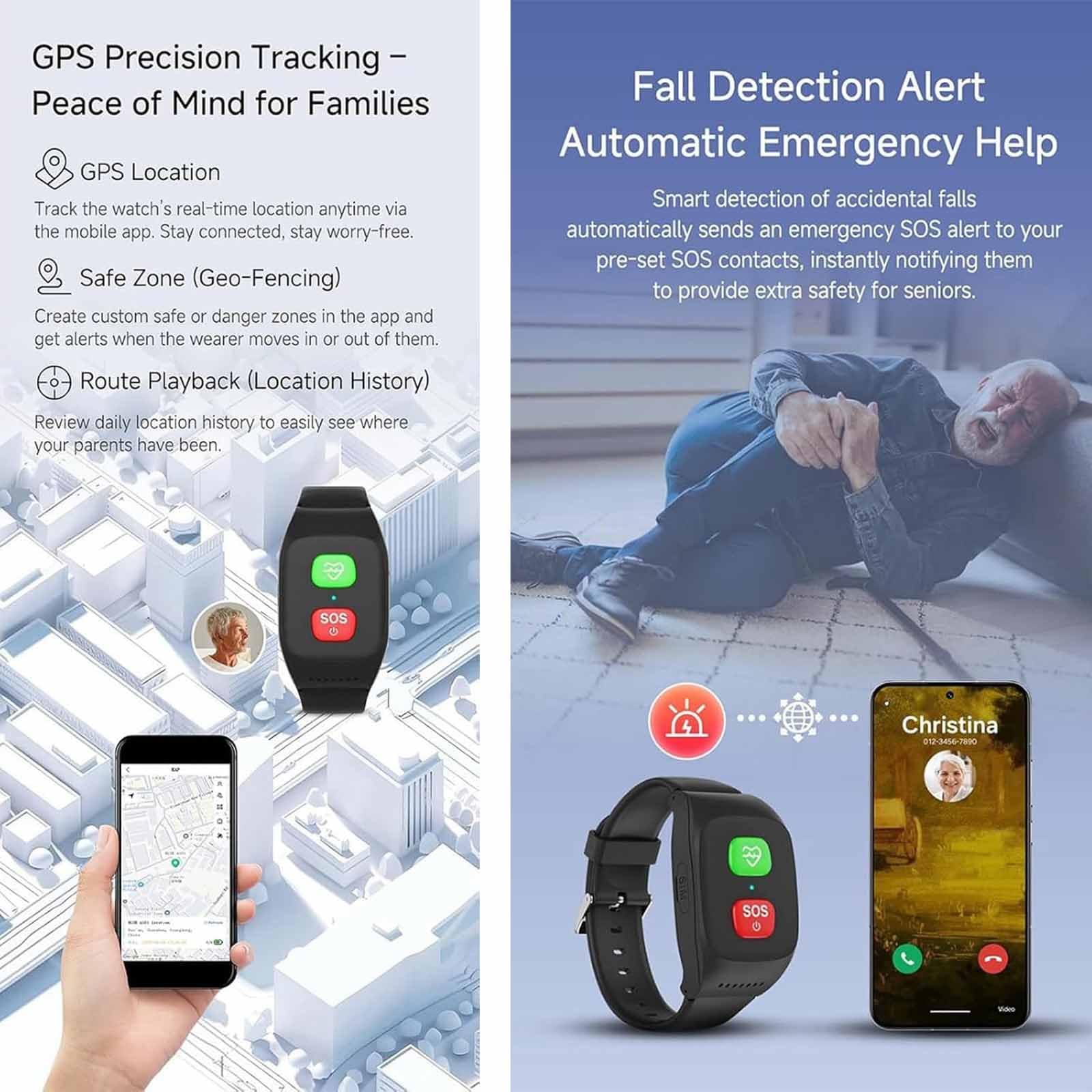 ERICAT Bracelet D'appel d'urgence pour Personnes Âgées, Montre Intelligente Senior avec Détection De Chute Et Suivi D'alerte De Chute, Étanche IP67, Capacité De 800 MAh Et Alerte 1 Touche, Précision
