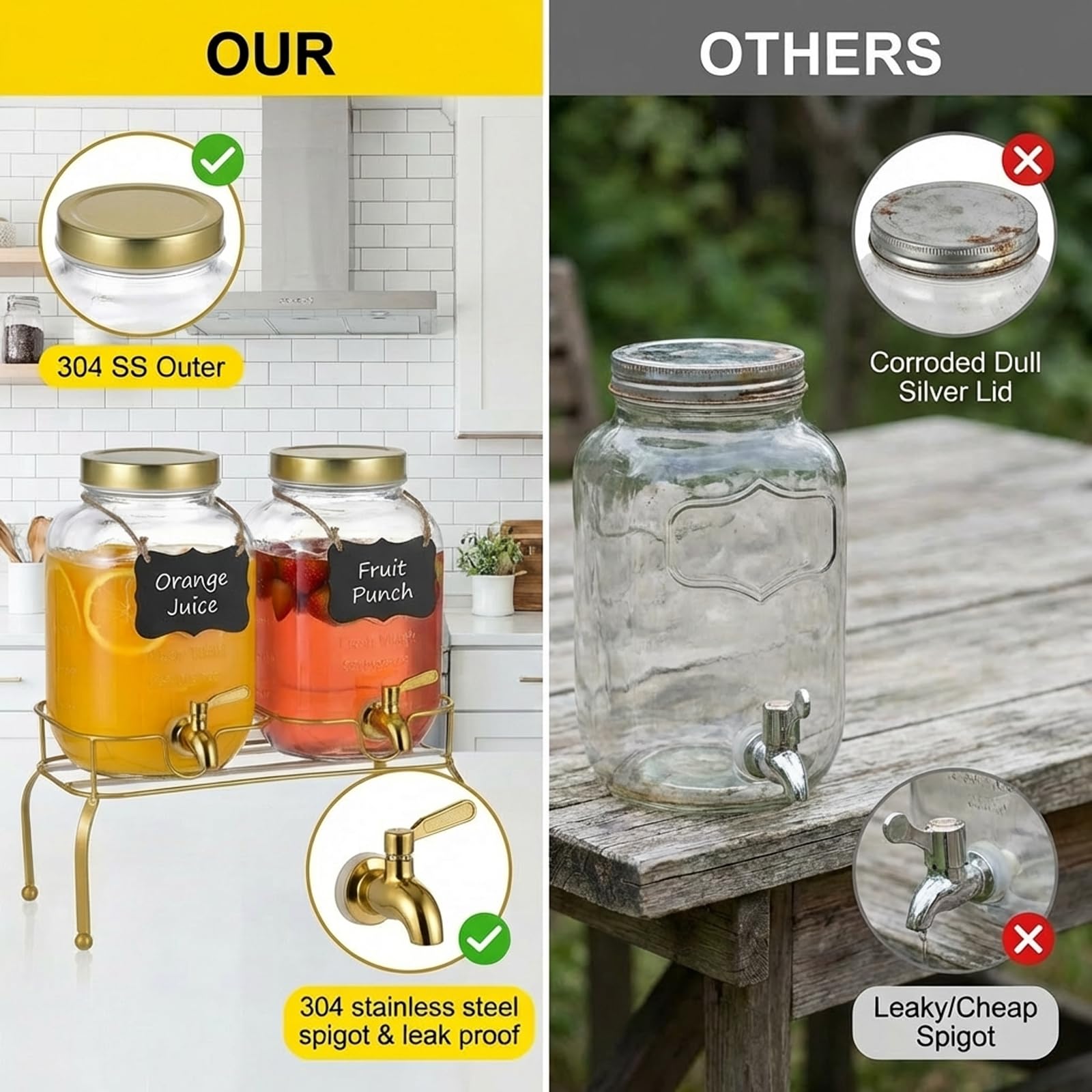 Juego de 2 dispensadores de bebidas de vidrio de 1 galón, dispensadores de bebidas para fiestas, dispensador de bebidas con soporte y espiga 100% a prueba de fugas, ideal para limonada, jugo