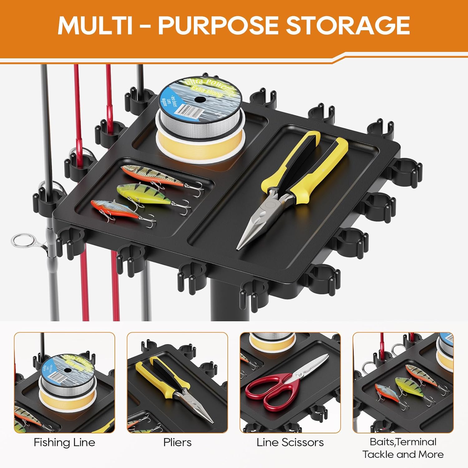 Fishing Rod Holder Rack with 360° Rotating Base – 16 poles Capacity,multi-purpose Rod Storage Rack,Easy Install & Durable Wooden Vertical Fishing Pole Holders for Ground,Black
