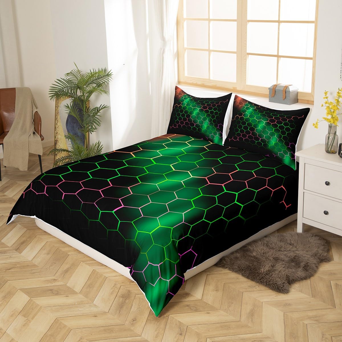 Homewish Honeycomb Duvet Cover Single Black Green 3D Geometrical Hexagon Bedding Set for Boys Girls Kids,Geometric Hexagonal Beehive Pattern Comforter Cover Glowing Neon Bed Set Ultra Soft Room Decor - Image 2