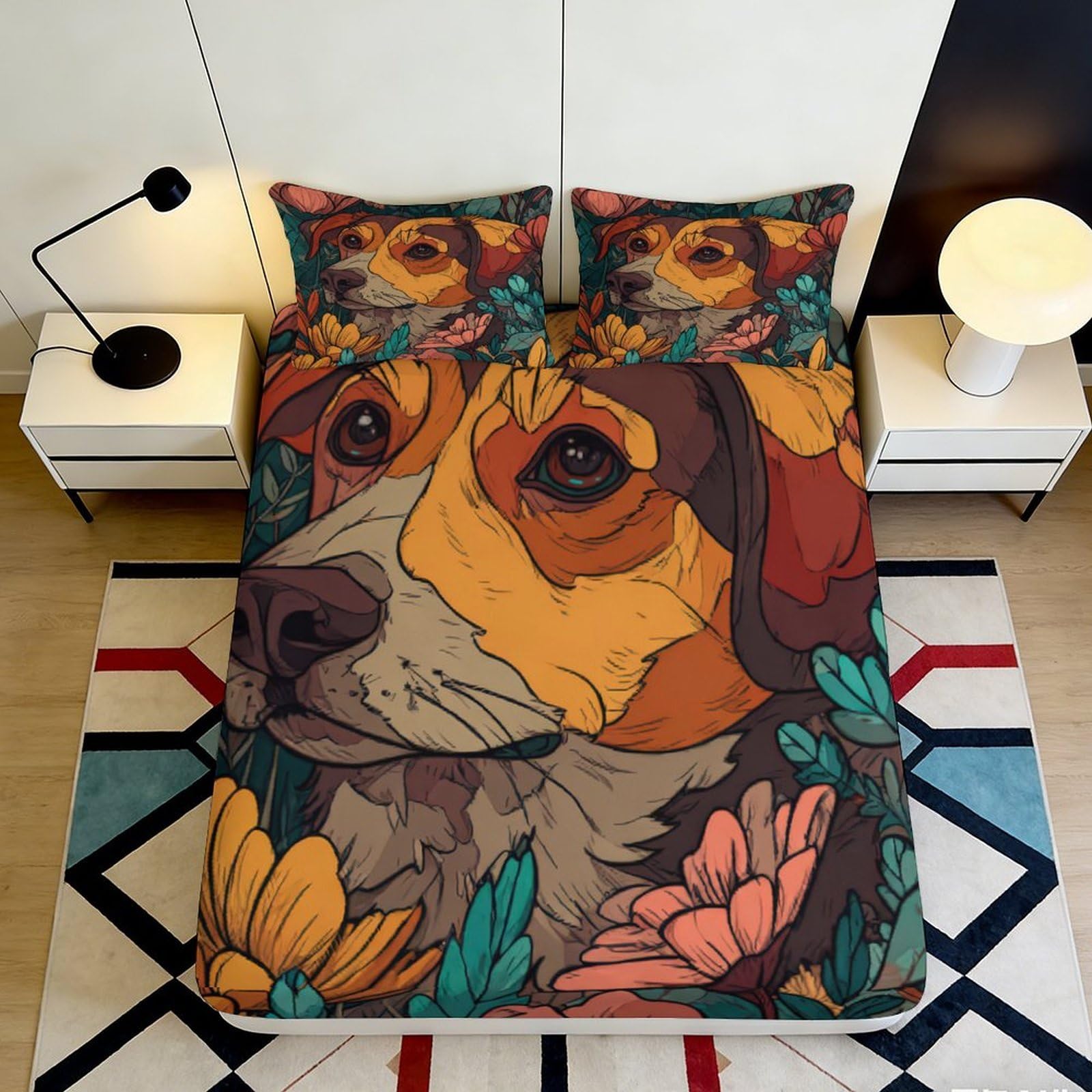 3D Printed Artistic Dog Floral Fitted Sheet Microfiber Deep Pocket Full Wrap Bedroom Bedding Artistic Dog Floral Mattress Fitted Cover for Adults Teens 200x200x25cm 90x200x25cm