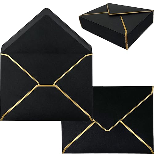 50 Pack 5x7 Envelopes for Invitations with Gold Border, Self