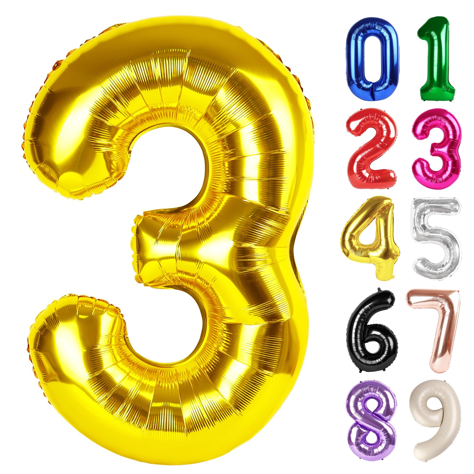 3 Balloon - Gold Birthday Number Balloons, 40 Inch Large Foil Balloons for Men Women Boys Girls Gold Themed Birthday Decorations