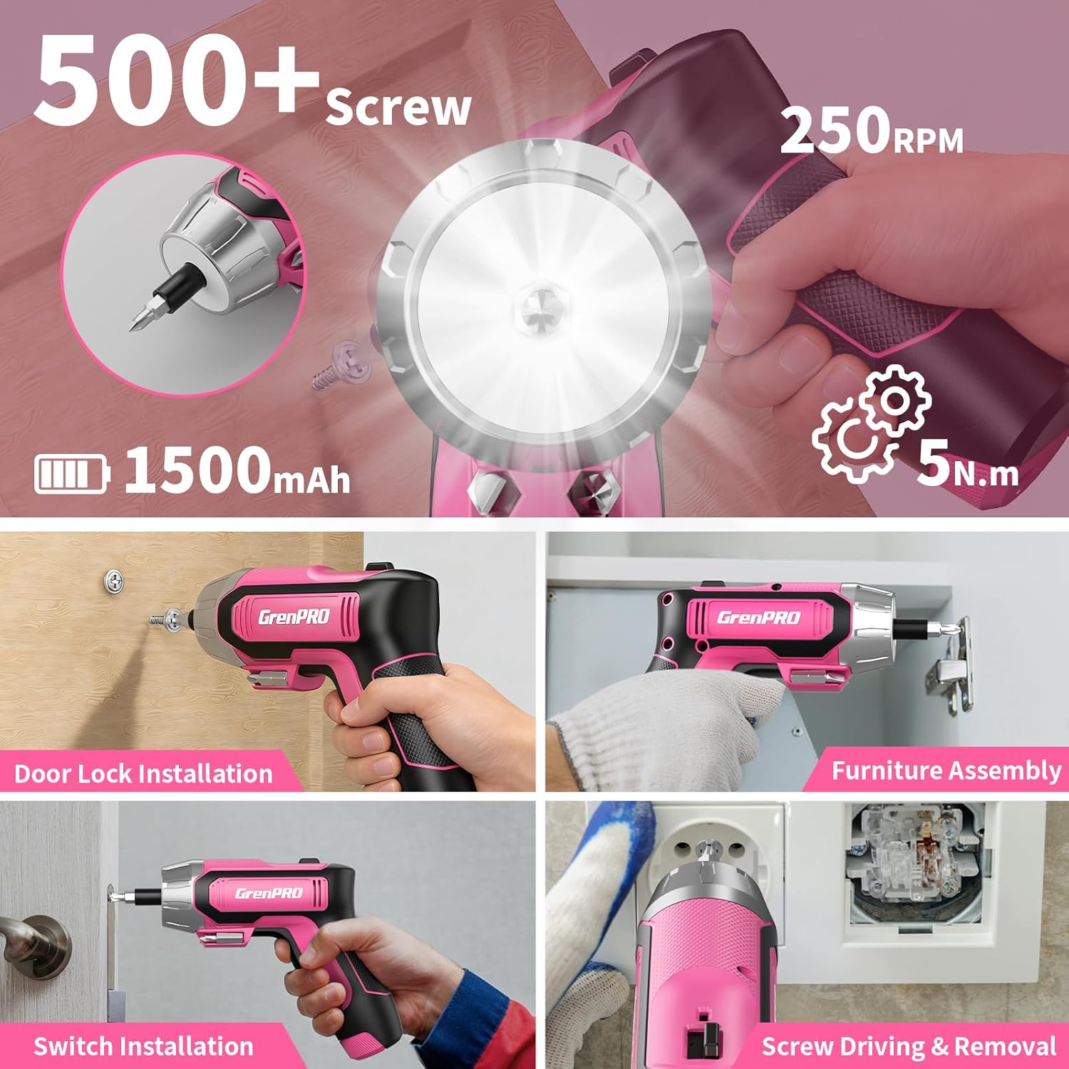 GRENPRO 4V Electric Screwdriver Rechargeable 29pcs, Cordless Screwdriver, USB Small Power Screwdriver Set with Bits, Pink, Ideal for Home Repairs