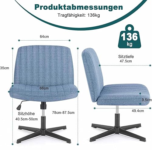 Miniatura 4 de DUMOS Silla de oficina con patas cruzadas, asiento ancho sin brazos, sin ruedas, moderno escritorio para el hogar, altura ajustable, giratorio,