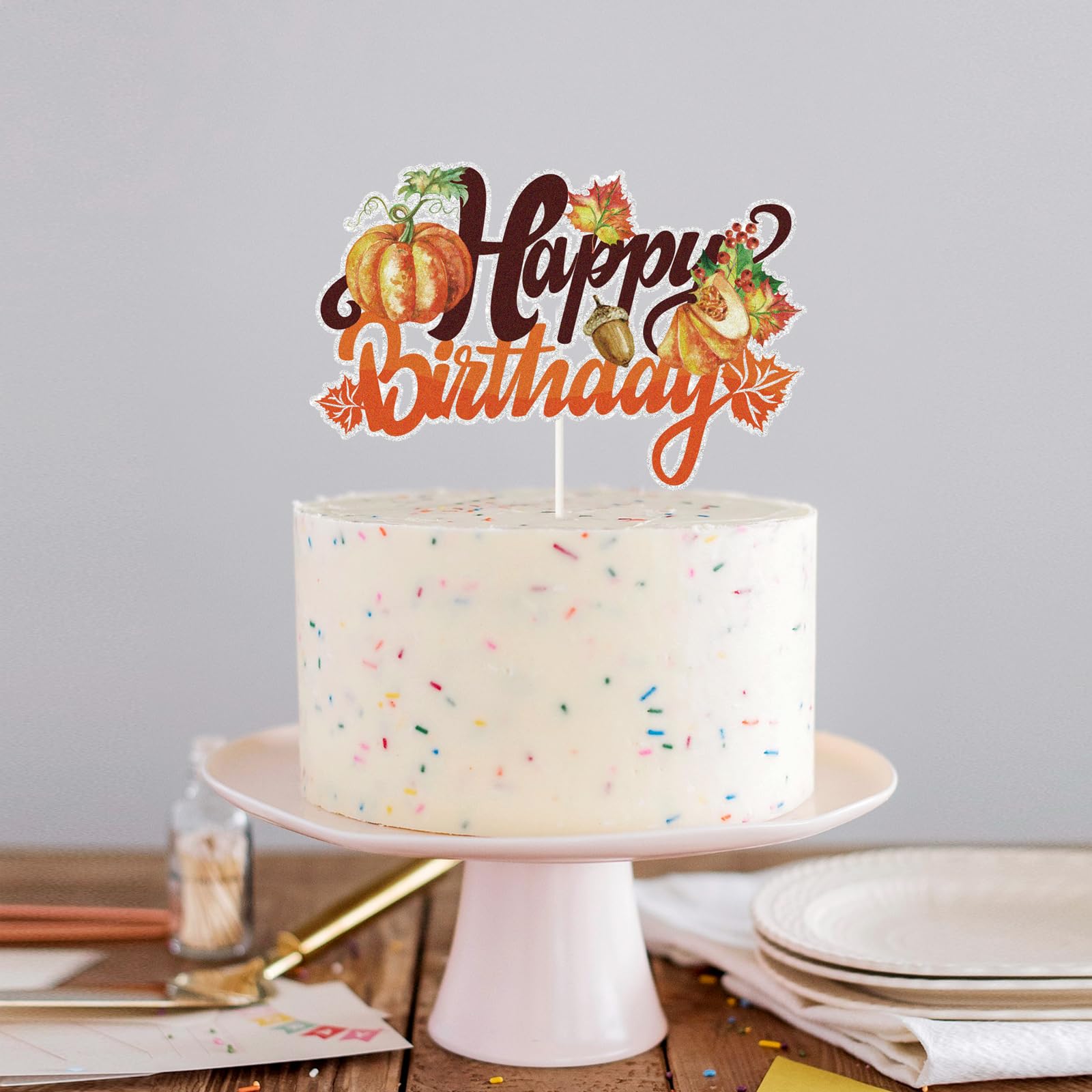 Tortenaufsatz-Set Herbst/Thanksgiving – Mit Glitzer-Ahornblatt & Kürbis, 4 Cupcake-Picker Aus Karton