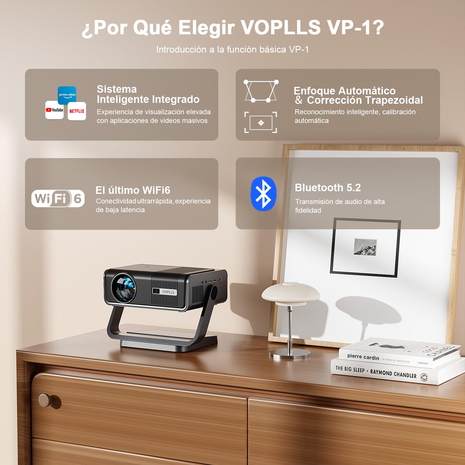 【App Oficial & Auto Focus/Keystone】 30000 Lumen Smart Proyector 4K Soporte WiFi 6 Bluetooth Full HD 1080P, VOPLLS Proyector Portatil con Dolby Audio Projector Cine en Casa para iOS/Android