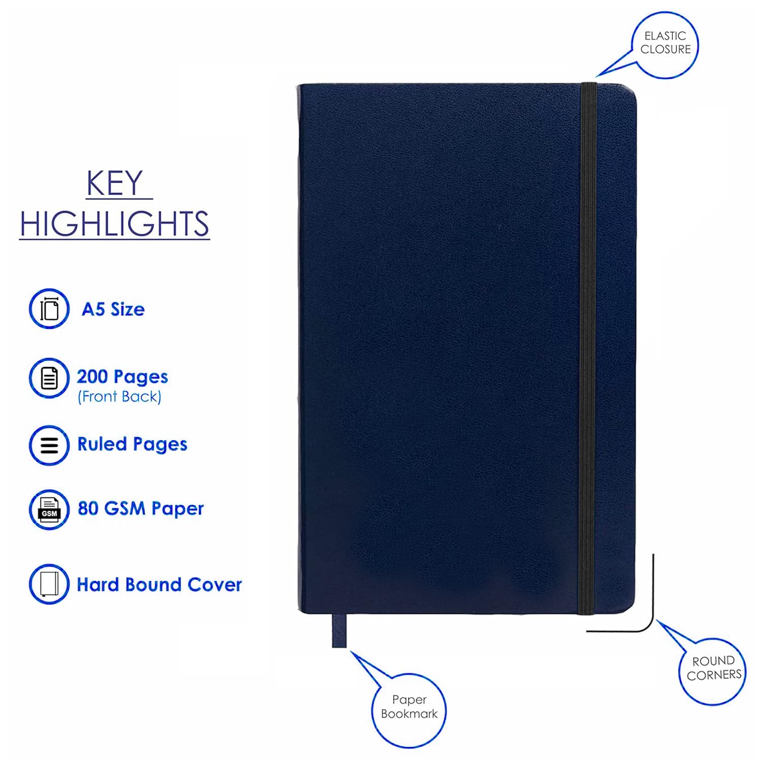 AccuPrints Hard Bound A5 or 5.8 * 8.3 inches Notebook With Elastic For Office Personal Use, Journal Diary With 192 Ruled Pages (Navy blue) 1