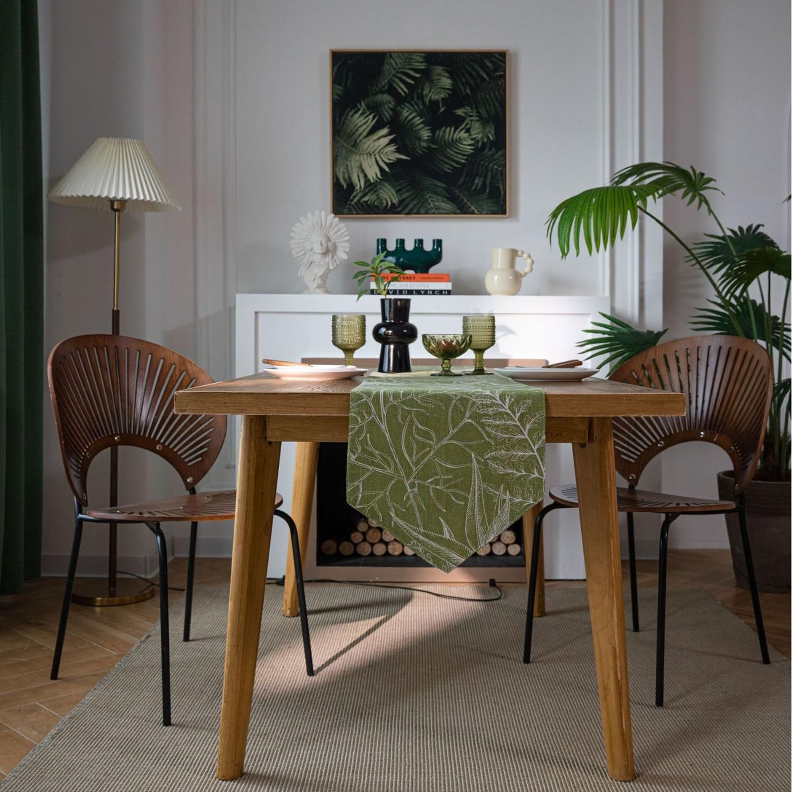 Grün Tischläufer Baumwolle Leinen, Deko Tischläufer Abwaschbar Tischband Ahornblätter Muster Tischdecke für Esszimmer Hochzeit Party Weihnachten Dekoration, 30x220 cm, Grün