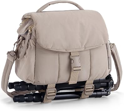 BAGSMART Small Camera Bag, DSLR Camera Case for Camera Lens & Accessories, Ultra-Light Compact Crossbody Camcorder Bags with Rain Cover/Tripod Straps, Camel