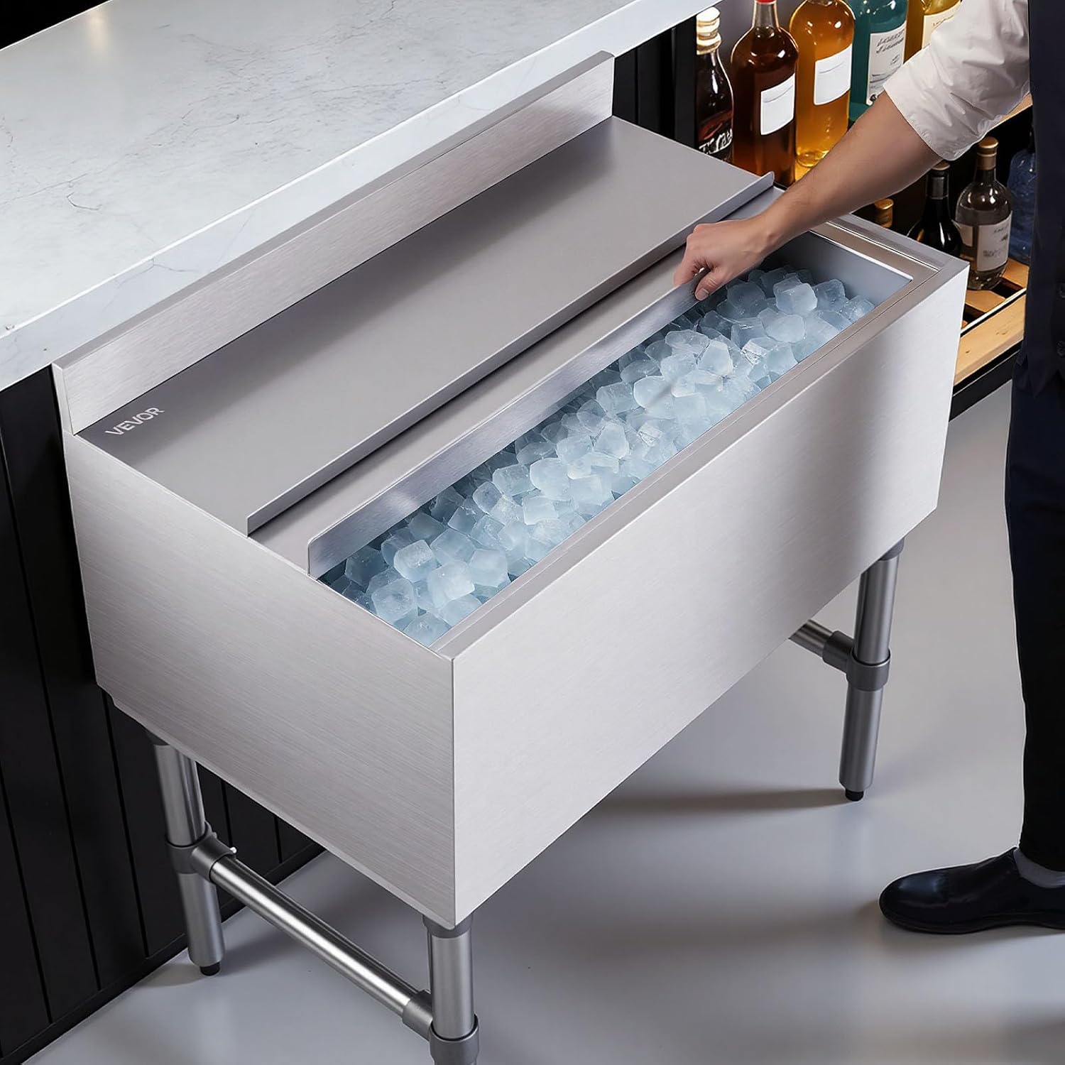 VEVOR Commercial Ice Bin,19 Inch Stainless Steel Ice Chest with Sliding Lid and Bottle Holders, Cooler Cart Cocktail Unit for Bar Restaurant Pub, NSF Certified