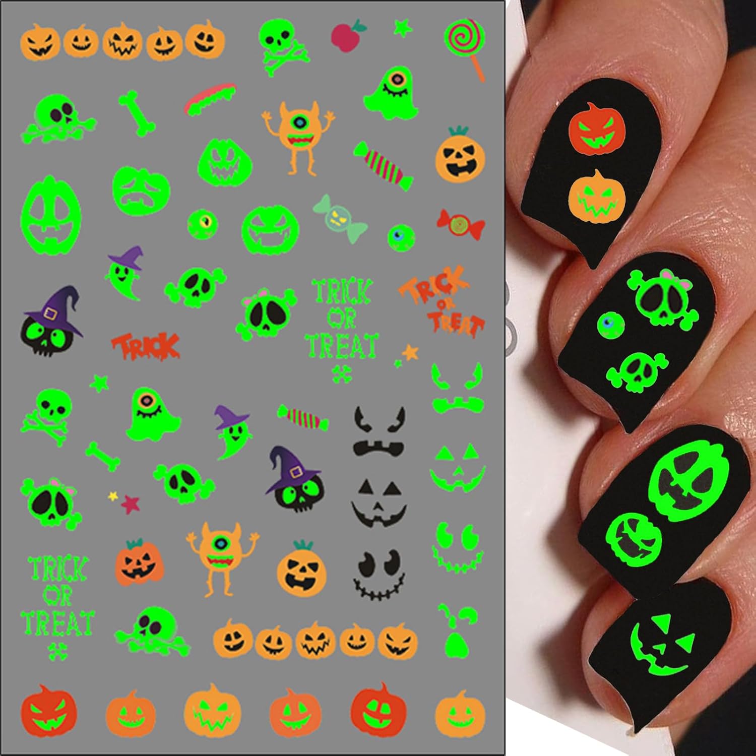 6 Sheets Glow in The Dark Halloween Nail Art Stickers, Cute Pumpkin Ghost Spider Web Skull Bat 3D Design Self-Adhesive Nail Art Decals, DIY Manicure Decoration Supplies Accessories for Women Girls image 4