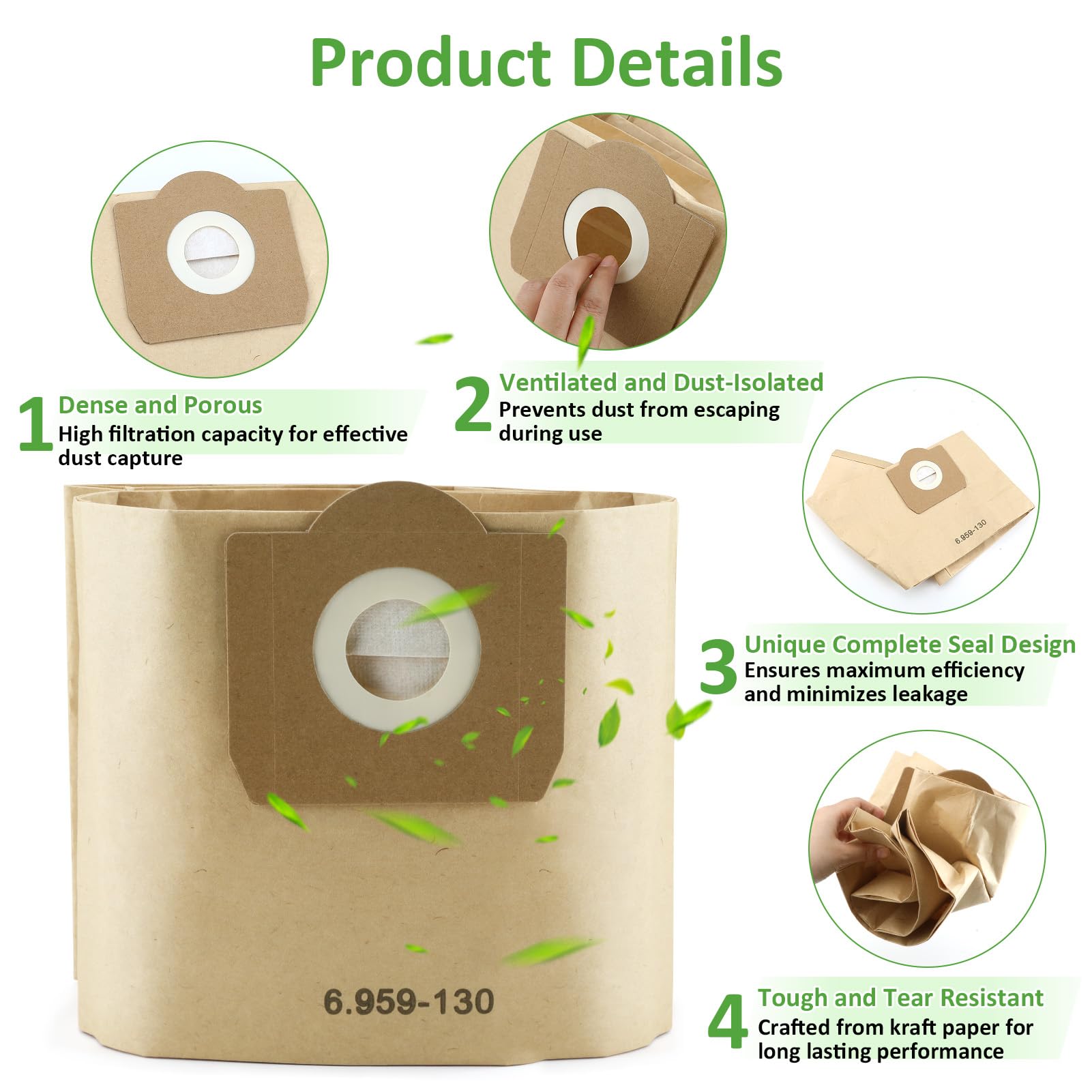 Sacchetti Aspirapolvere Per Kärcher WD3 - 5 Pezzi Ricambio Carta Filtro 6.959-130.0 - Foto 7