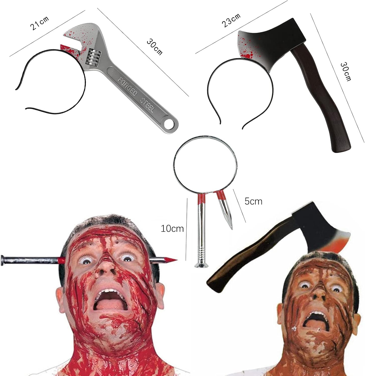 3Pcs Halloween Costume Scary Weapon Headbands Plastic Axe Spanner Nail Scissor Through Head Simulation Props Hair Band Makeup Accessories for Women Funny Cosplay Photo Props Costumes Party Supplies image 2