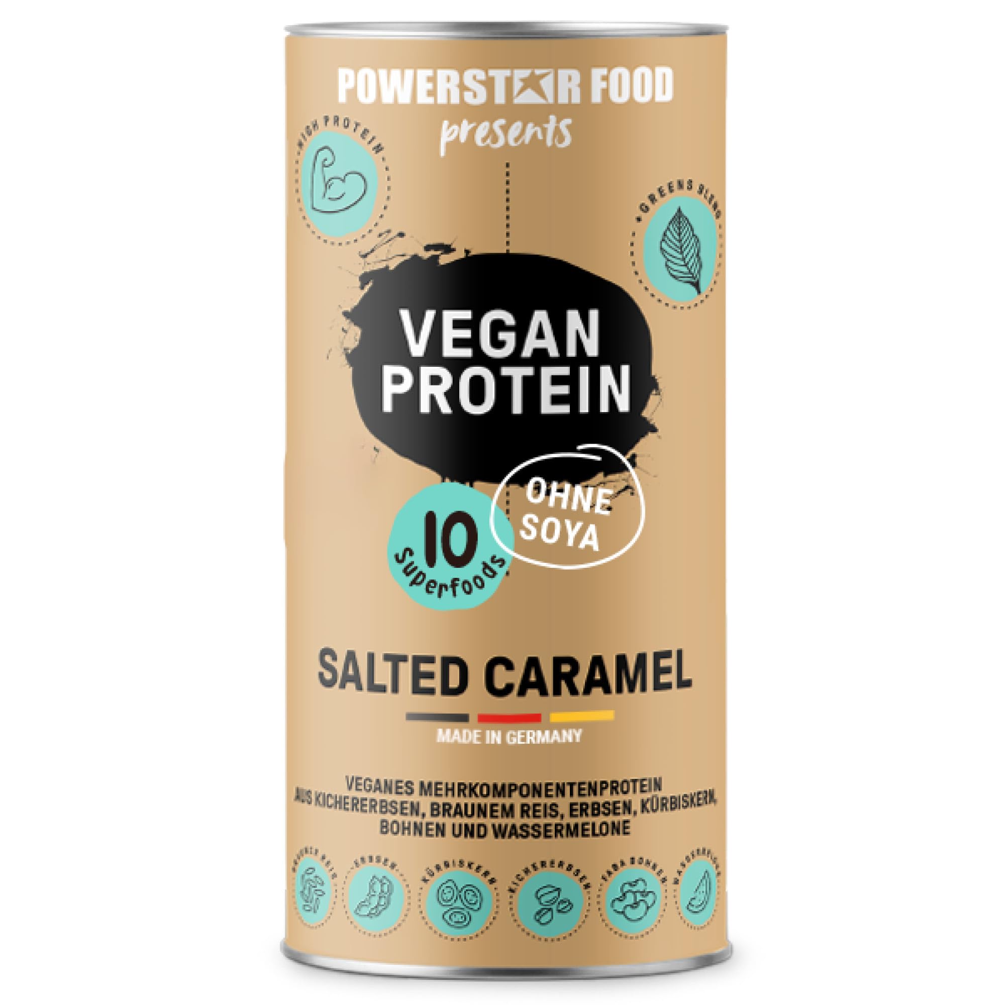 Powerstar VEGAN PROTEIN 500 g | Veganes Protein-Pulver ohne Soja | Mehrkomponenten Eiweiß-Pulver mit 10 Superfoods ergänzt | Deutsche Herstellung | Ideal zum Muskelaufbau | Salted Caramel