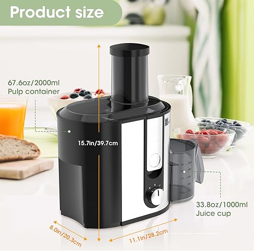 Miniatura 7 de Máquina exprimidora centrífuga de 800 W, con boca grande, boca ancha, canal de alimentación de 3 pulgadas para frutas y verduras, fácil de limpiar,