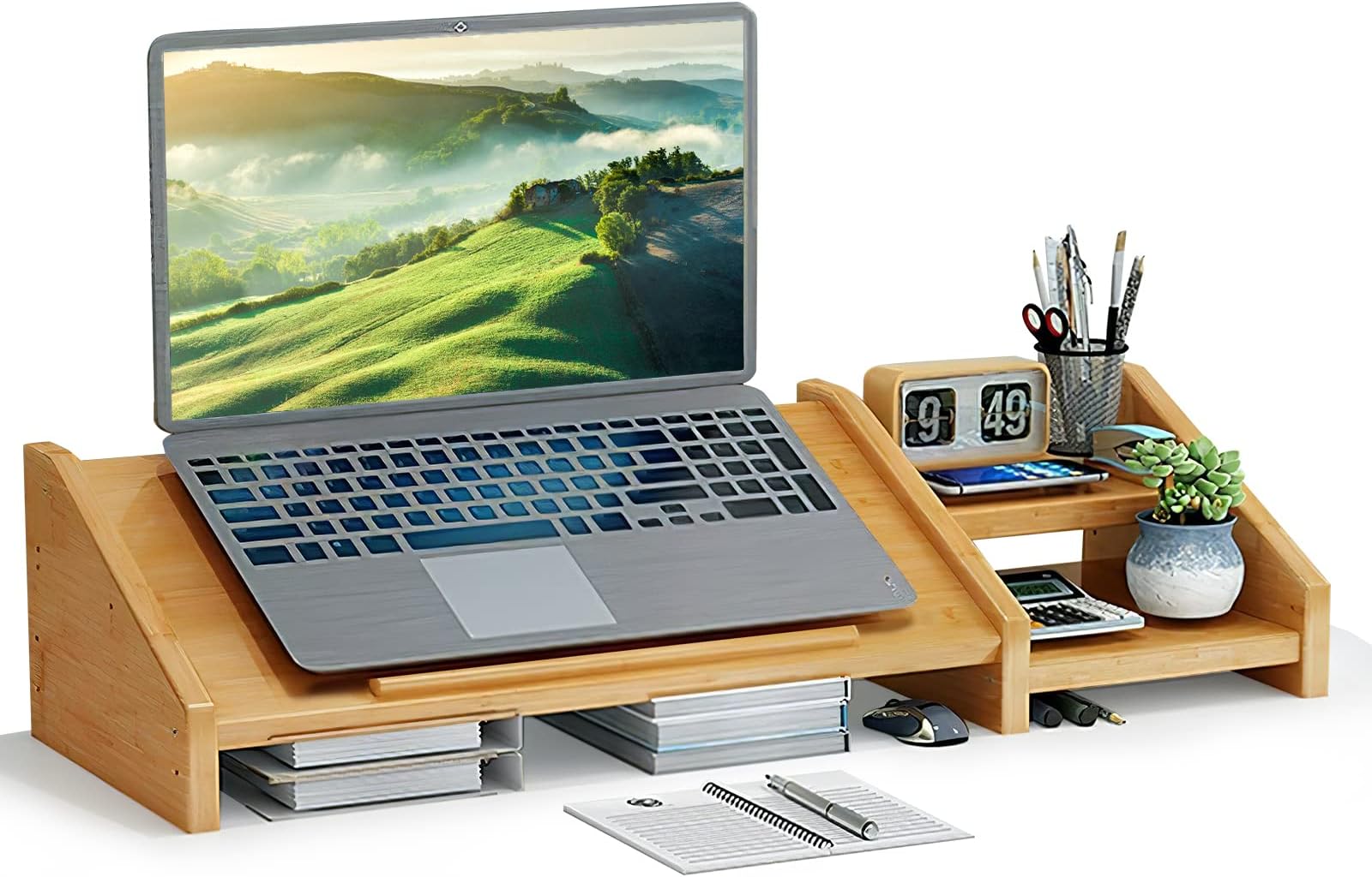 Bamboo Laptop Stand for Desk 3 Heights Adjustable Notebook Stand Computer Monitor Riser with 2 Tier Storage Shelf, Desktop Organizer Printer Stand for Home Office