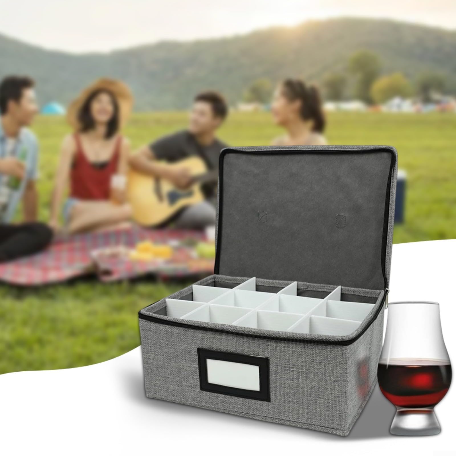 Lot de 2 boîtes de rangement en verre avec 12 compartiments et poignées, empilables, étanches à la poussière, boîte de rangement pour verres à vin avec couvercle pour la cuisine ou la