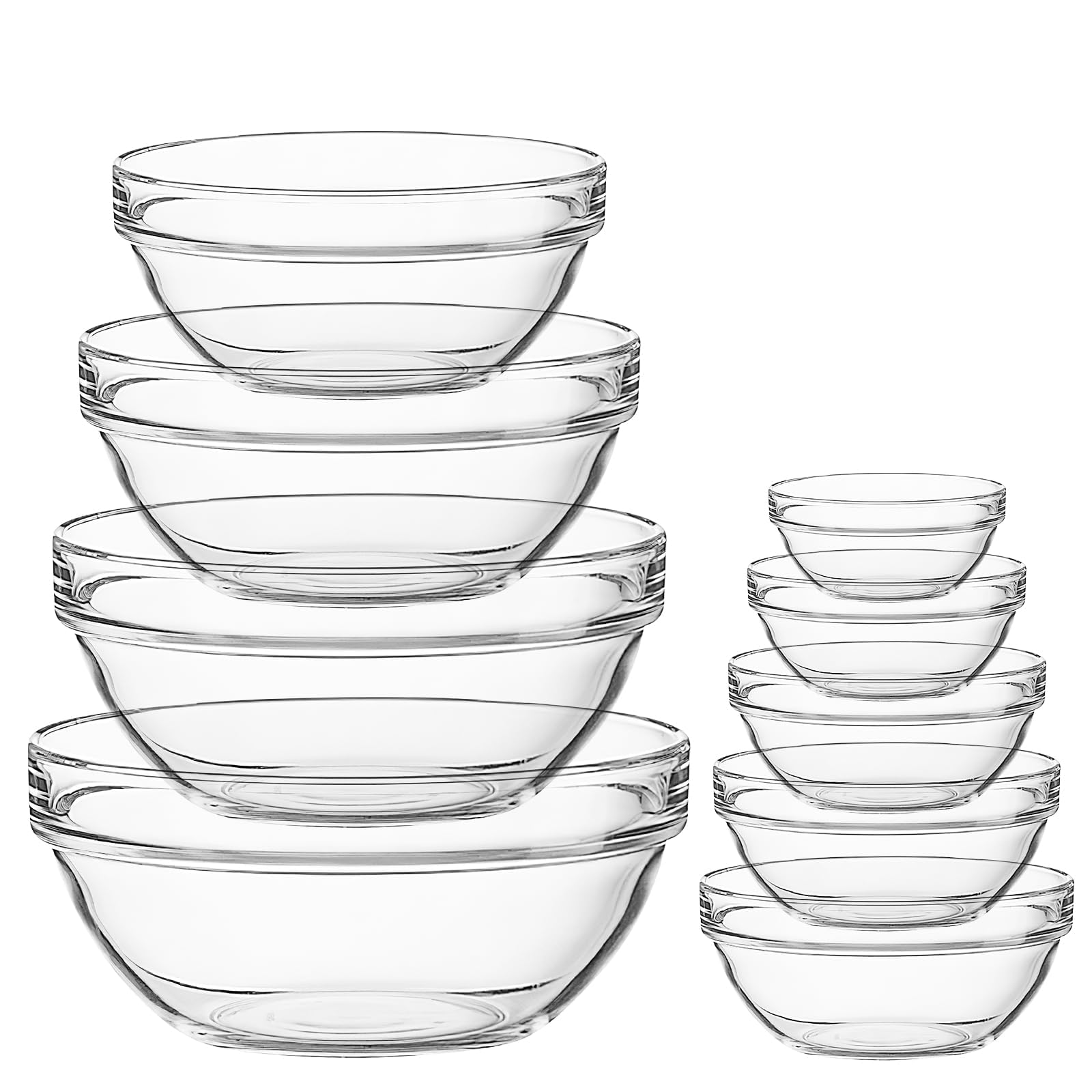 Lot de 9 saladiers en verre – Bols mélangeurs transparents en verre pour le travail de cuisine, la pâtisserie, le service et le stockage des aliments
