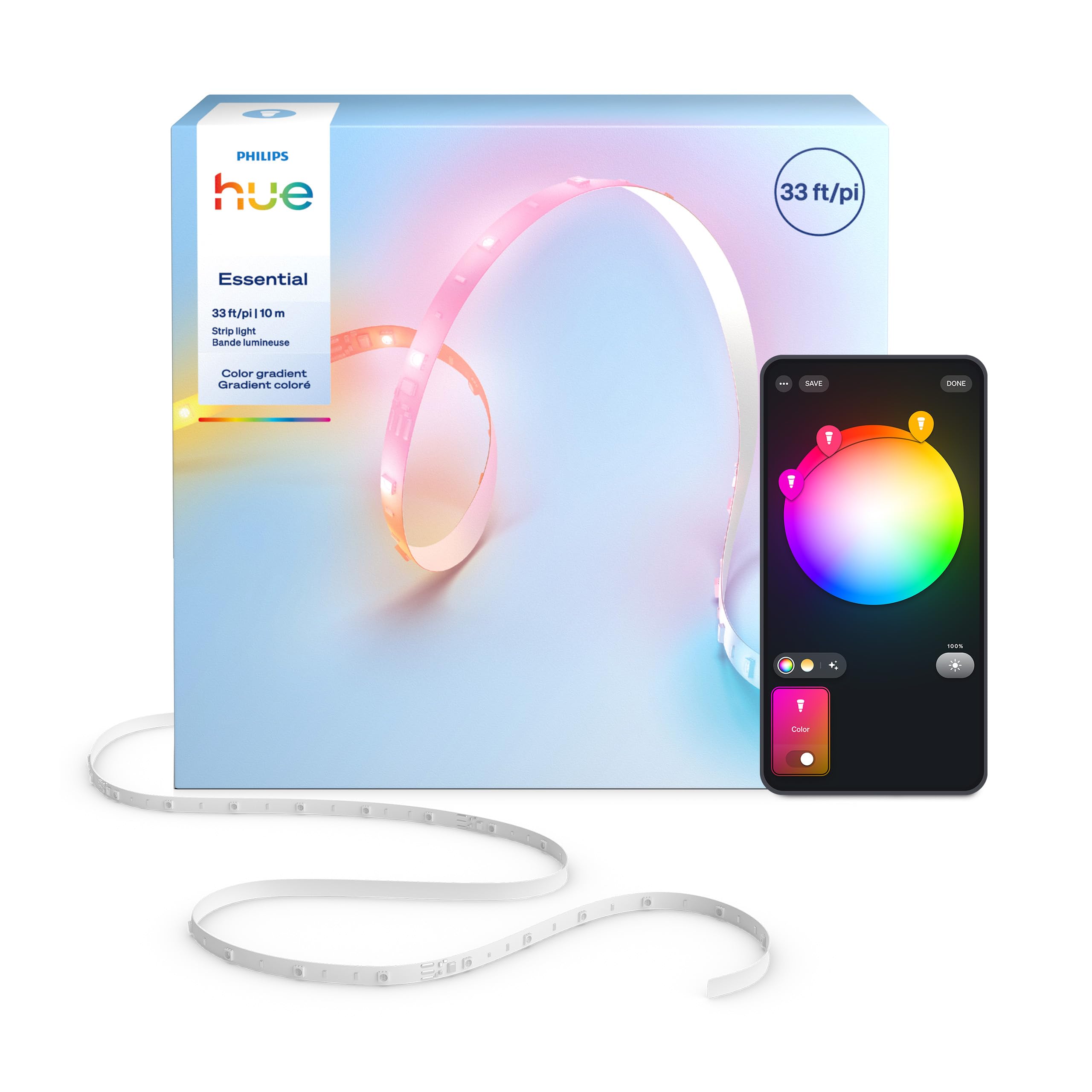 Philips Hue Essential 33-Feet LED Strip Light, RGBIC, Vibrant Color and Ambiance, Flexible Indoor Lighting, Easy Installation, App and Voice Control,