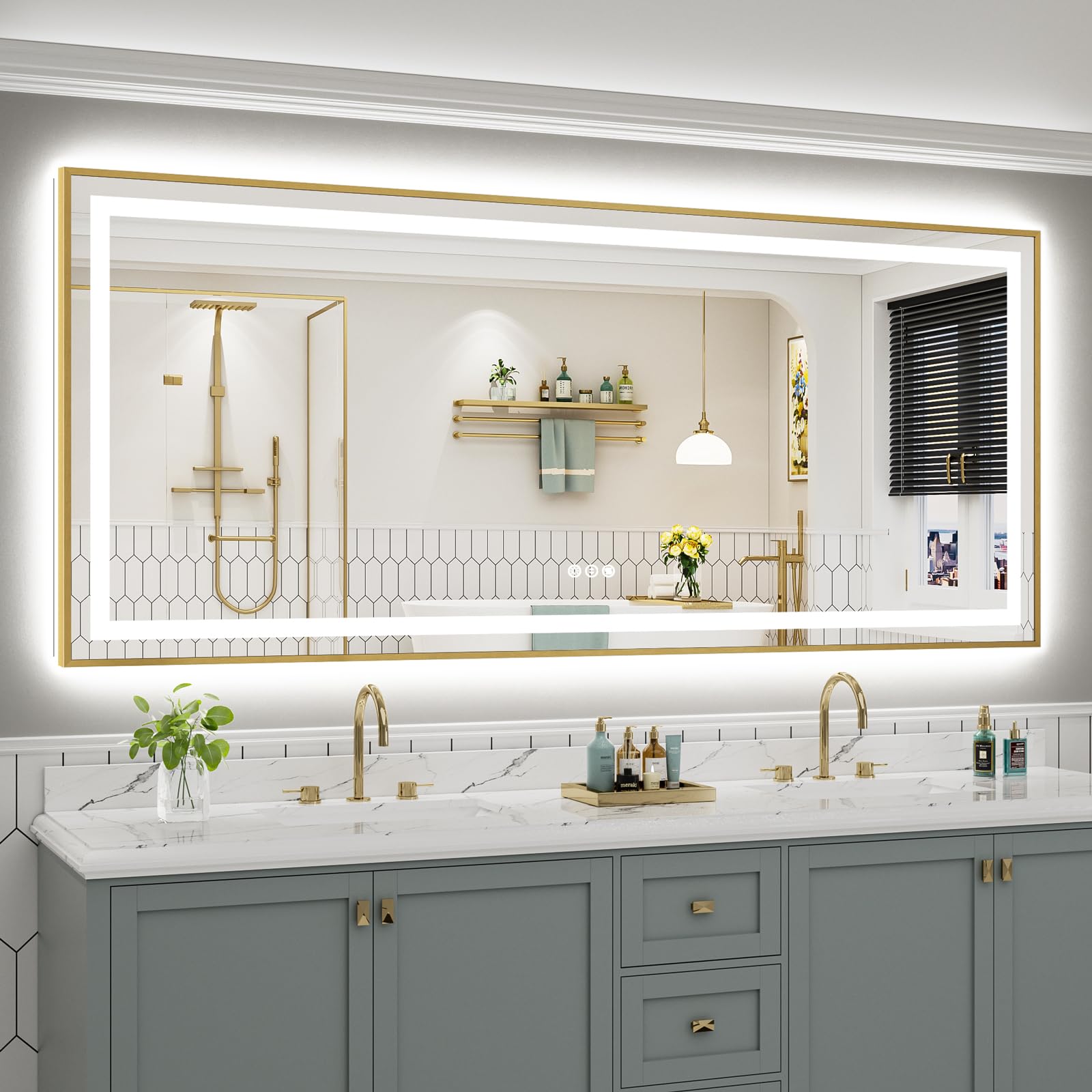 88x38 Inch LED Bathroom Mirror with Gold Frame, Backlit &amp; Front Lit