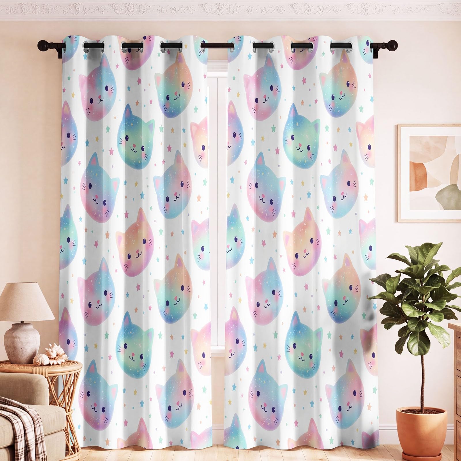 Cortina opaca con diseño de dibujos animados de ensueño con diseño de gato y lunares, arco iris, reducción de ruido, cortinas opacas con ojales, para salón, dormitorio, habitación infantil, decoración