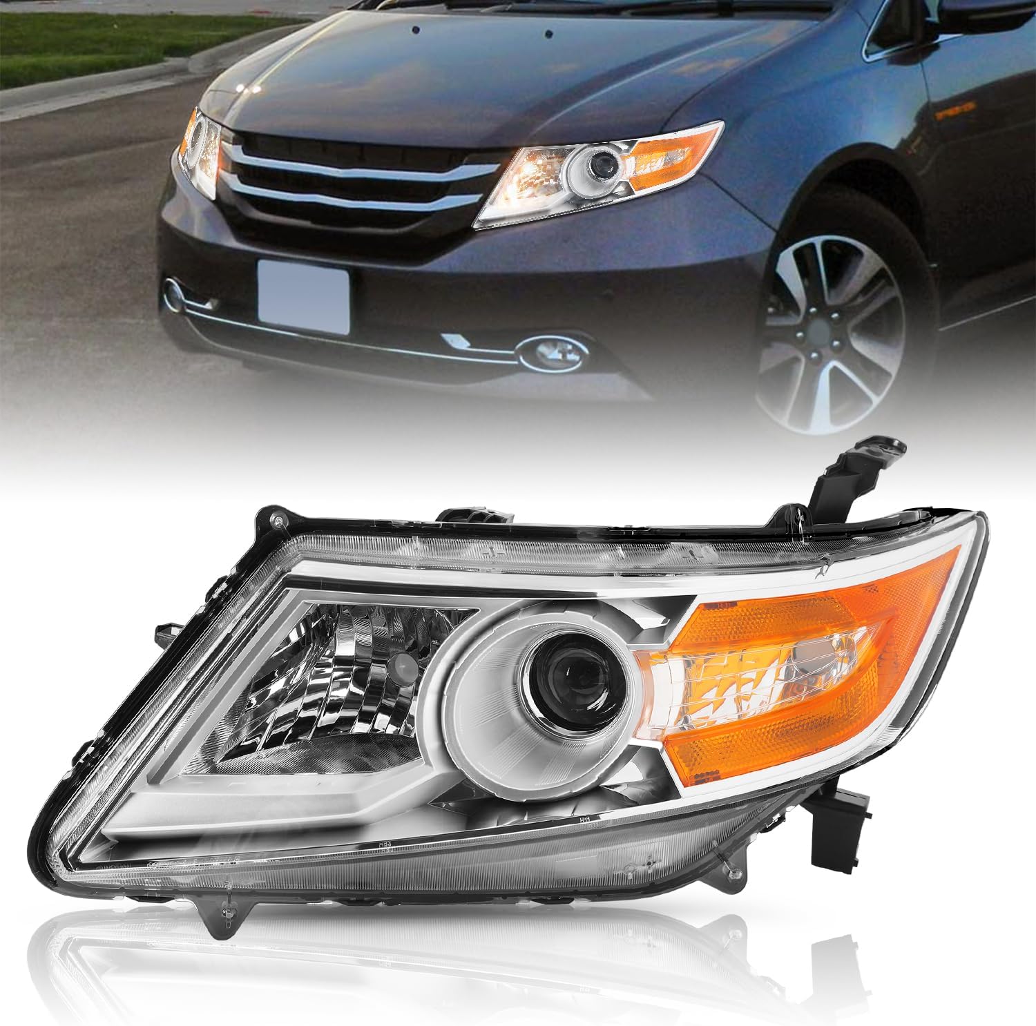 Headlight Assembly for 2011-2017 Honda Odyssey EX/EX-L/LX Halogen Type Only Projector Headlamp Chrome Housing Left Driver Side