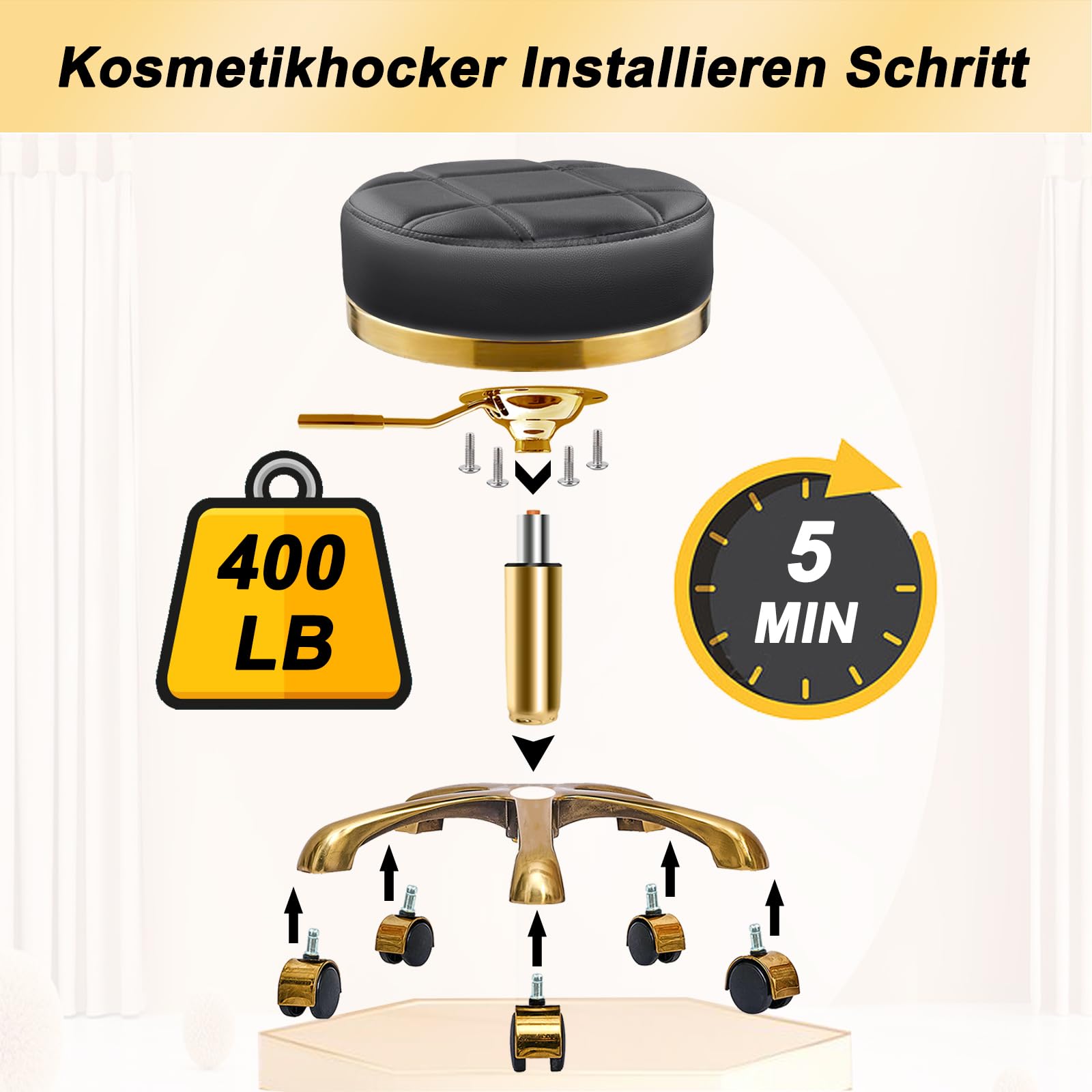 Sgabello con Ruote Oro Rotondo Girevole Sedia, Regolabile 45-58 cm, Comodo PU Similpelle Sgabelli per Trucco, Ufficio, Estetista, Capacità Carico 400 Libbra (Nero, Senza Schienale)