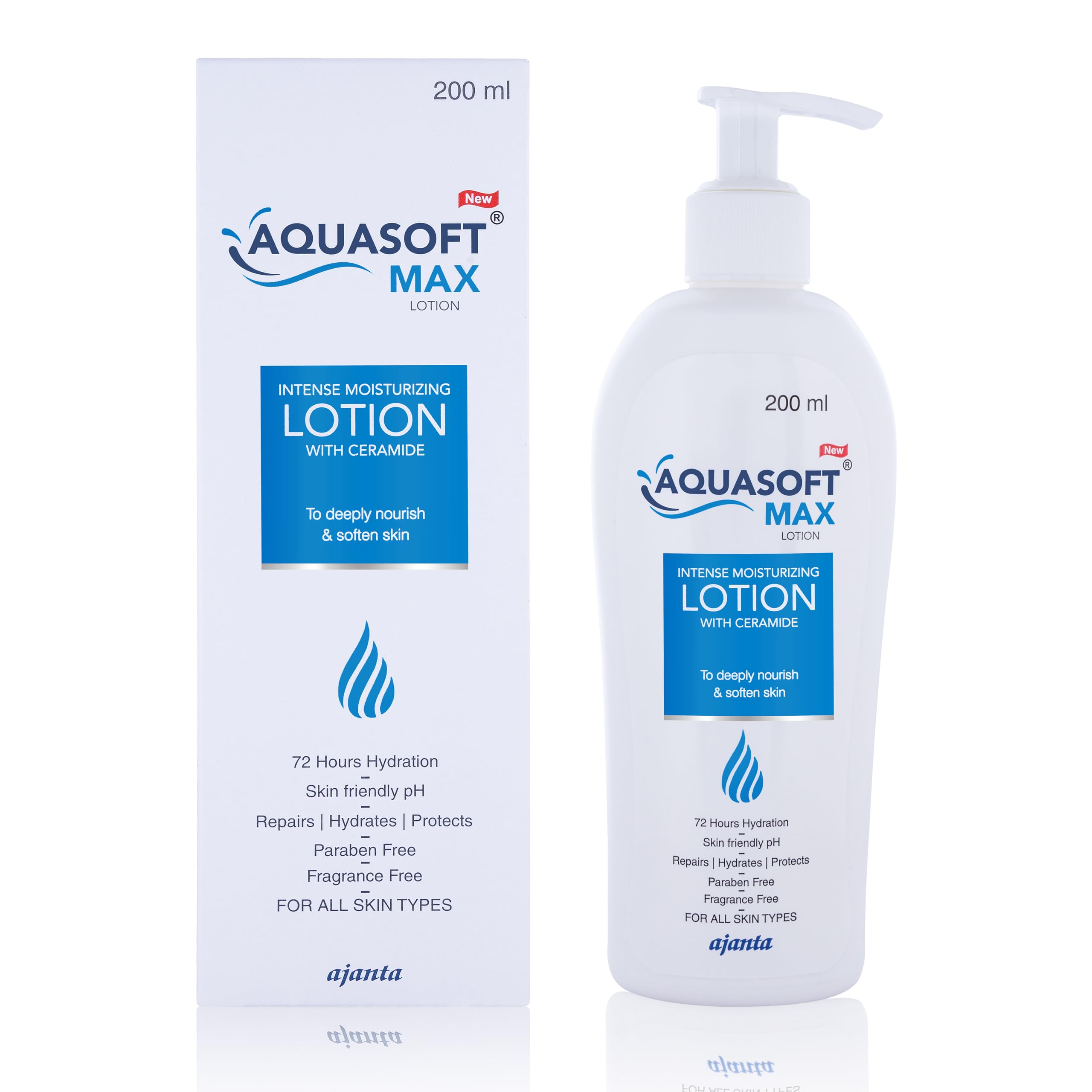 Aquasoft Max Lotion 200ml with 6-Active Complex (OA Maslinico, HACE-200, Niacinamide, Aloe, Shea, Vit E) hydrates deeply; dermatologist recommended for redness and dry skin; moisturizing body lotion