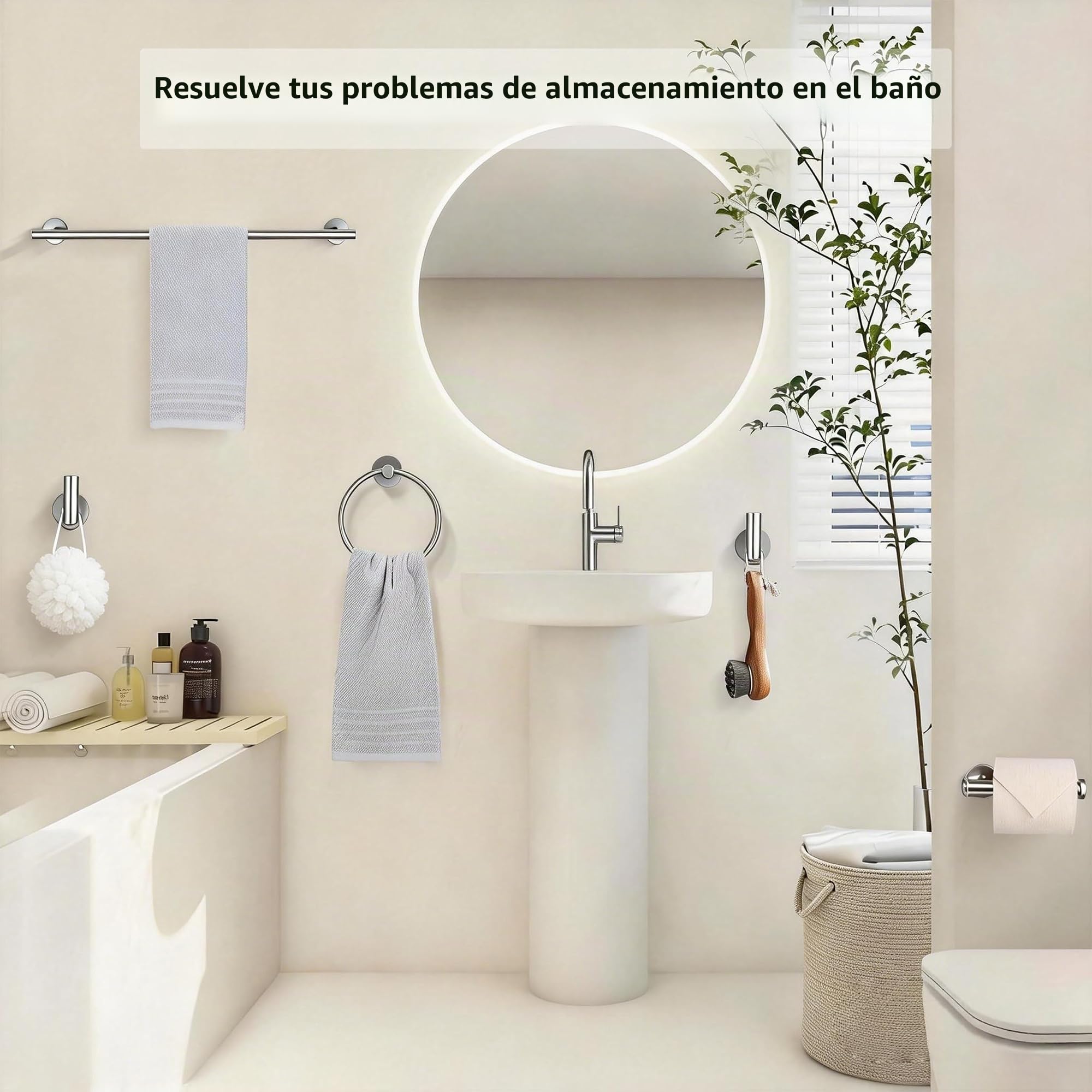 Níquel Cepillado Juego de 5 Piezas SUS304 Acero Inoxidable Toallero Barra de 60 cm Toallero Anillo Gancho Albornoz Montaje en Pared Accesorios de Baño para Baño Moderno