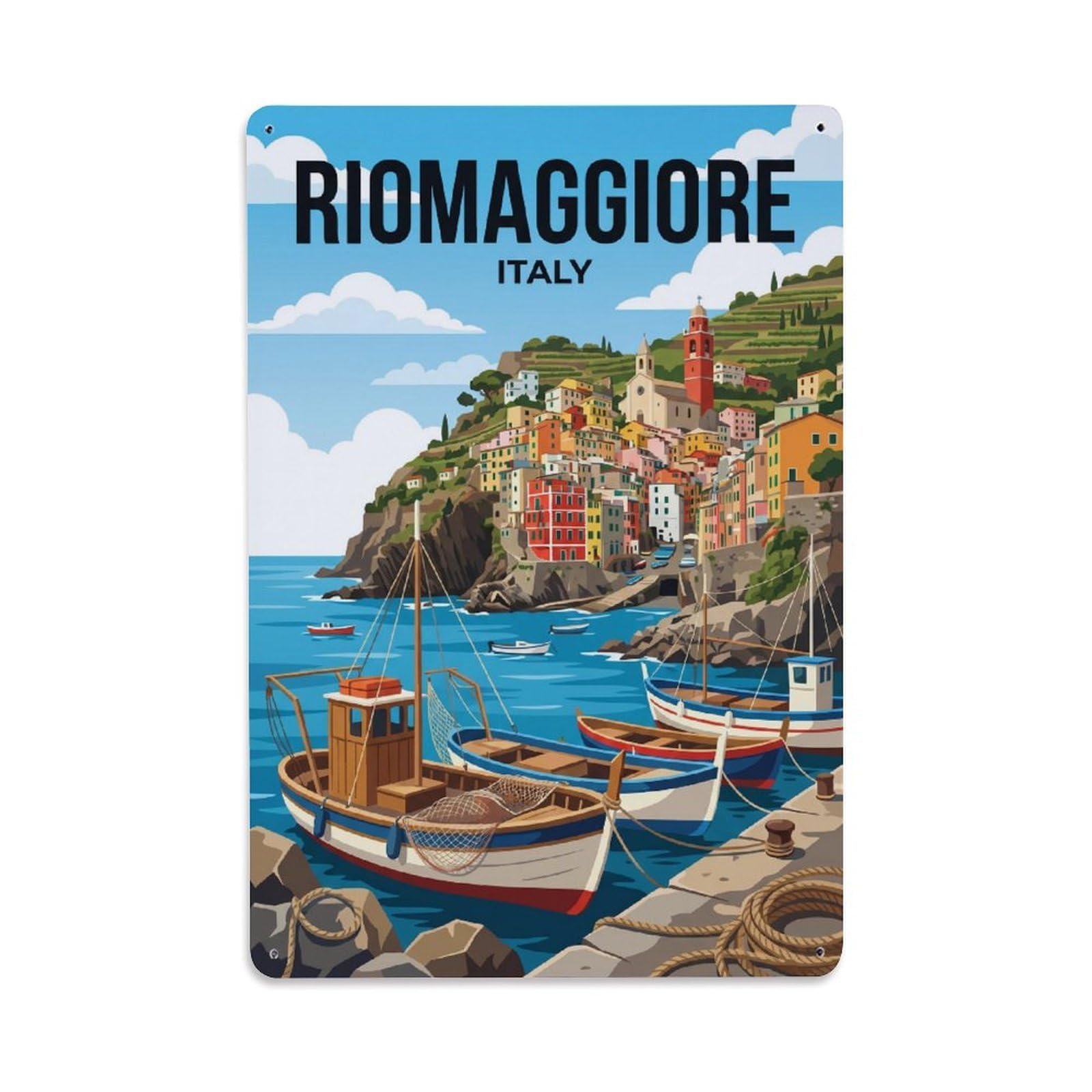Riomaggiore Italian Riviera Heritage Mediterranean Metal Tin Sign Plaque Wall Decor for Cafe, Man Cave, Club Bar, Office, Home Garden Round Metal Poster 8x12Inch