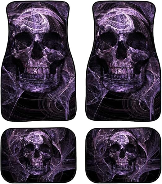 4 Piece Set Purple Skull Car Floor Mat Universal Fit Heavy Duty All Weather with Rubber Backing
