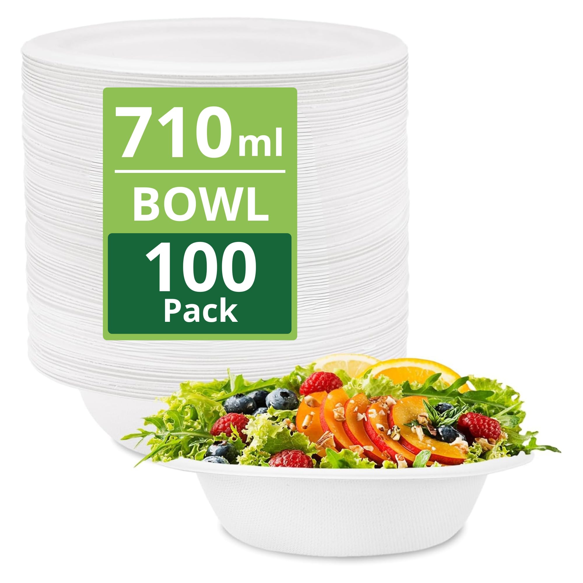 Strong Paper Bowls (710ml / 100 Pack) Large Disposable Compostable Bagasse Bowl for Party – (8 x 2 inches) Biodegradable Eco-Friendly Heavy-Duty Microwavable Soup Bowls – Dessert Salad Christmas
