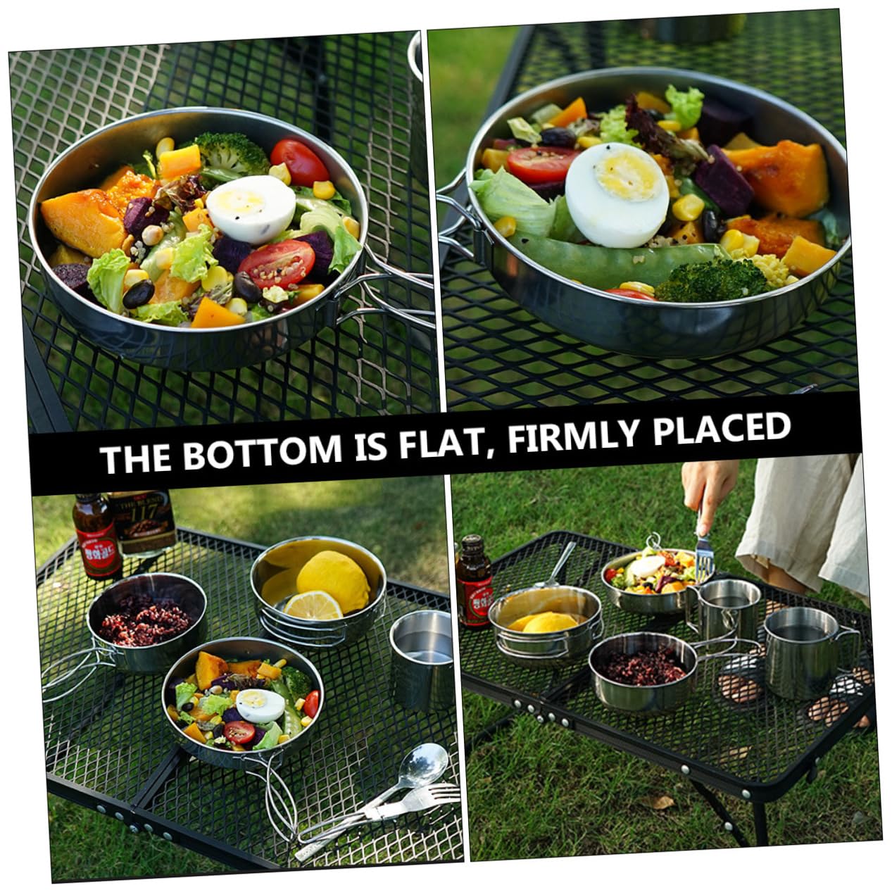 Didiseaon 5 pièces Set Vaisselle Camping Acier Inoxydable Tasse et Casserole avec Fond Plat Antichoc Poignée Pliante pour Randonnée Pique- et Activités Plein Air