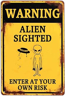Warning Alien Sighted Enter At Your Own Risk Creative Tin Sign Funny Alien Wall Decor Metal Signs Warning Poster for Home Bars Restaurant Kitchen Bar Coffee Shop Pubs 12x8 Inch