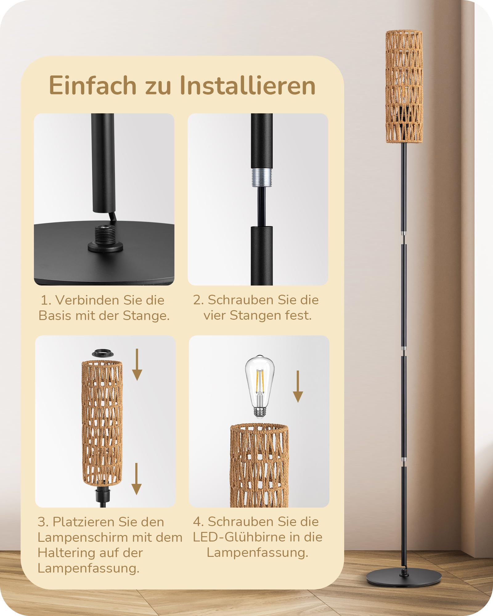 EDISHINE Lampa stojąca LED do salonu, lampa stojąca z abażurem z tkanej liny, lampa stojąca vintage 2700 K, styl boho, E27, do sypialni, pokoju dziecięcego lub sofy narożnej, wysokość 165 cm