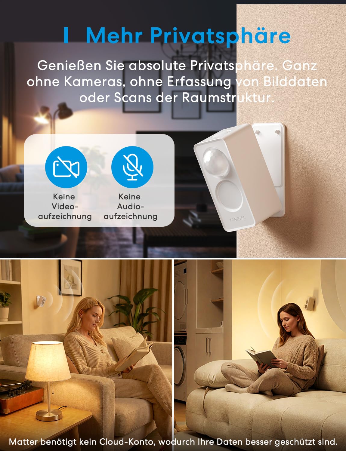 Meross Präsenzmelder Matter Over Thread, Smart Anwesenheitssensor IP67 mit 3-Zonen-Erkennung, Bewegungsmelder Innen Batteriebetrieben Kompatibel mit Apple HomeKit, Home Assistant, Alexa, Google Home