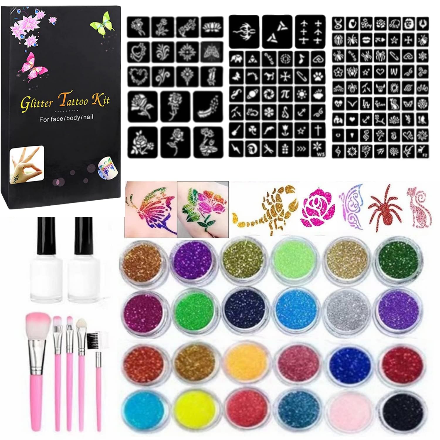 Temporary Glitter Tattoo Kit Kids, 24 Colors Glitter, 120 Stencils, Adults & Kids Arts Glitter Make Up Kit, Gifts for Girls Boys Christmas Festival Birthday Party