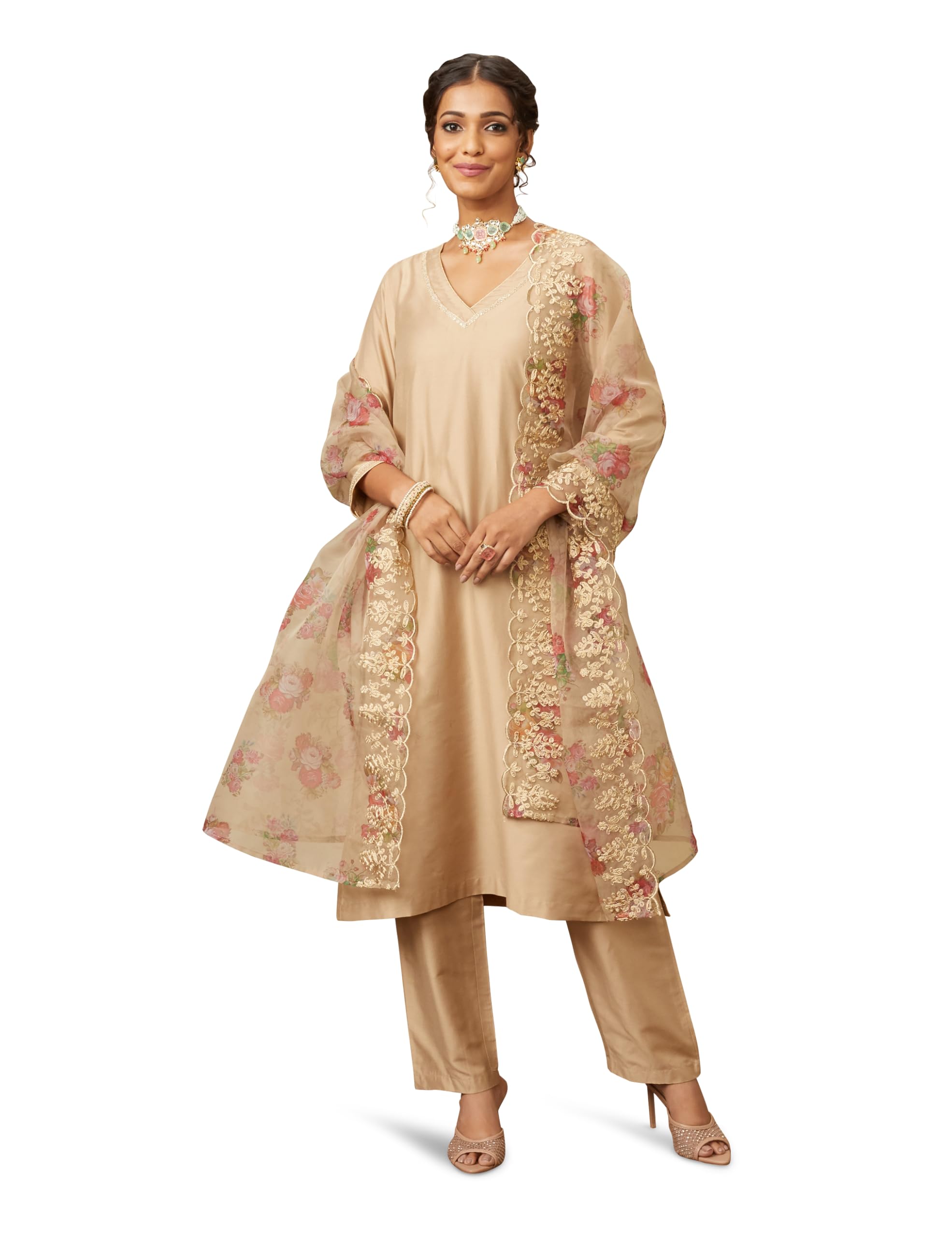 Amazon Brand - MyxWomen's Kurta Pant Set with Embroidered Organza Dupatta | Viscose,Rayon