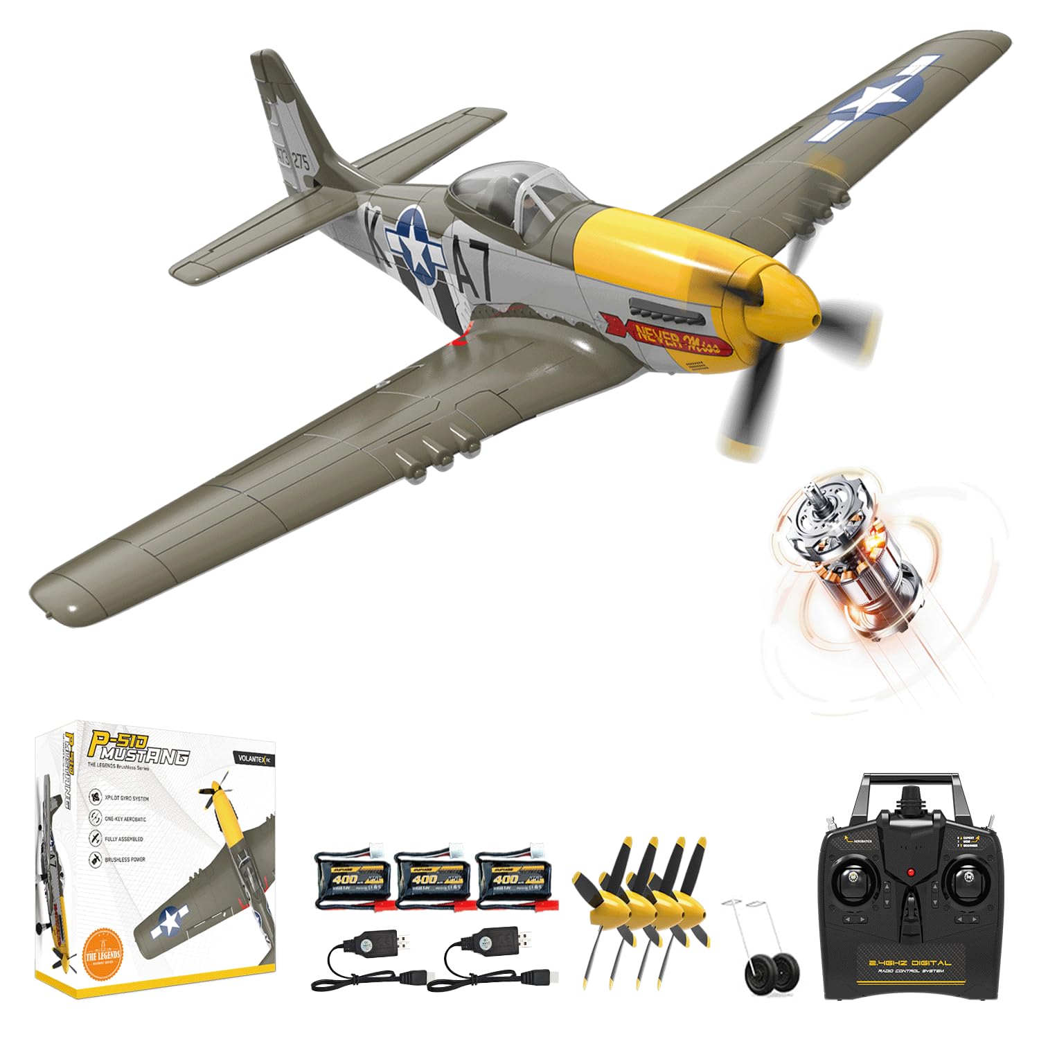 Volantexrc Brushless RC Planes for Adults, 4 Channel RTF P-51 Mustang RC Airplane Fighter, 6-Axis Gyro, 3 Flight Modes, One-Key Aerobatic, Wingspan 500mm Fuselage 396mm, Suitable for Expert Pilot