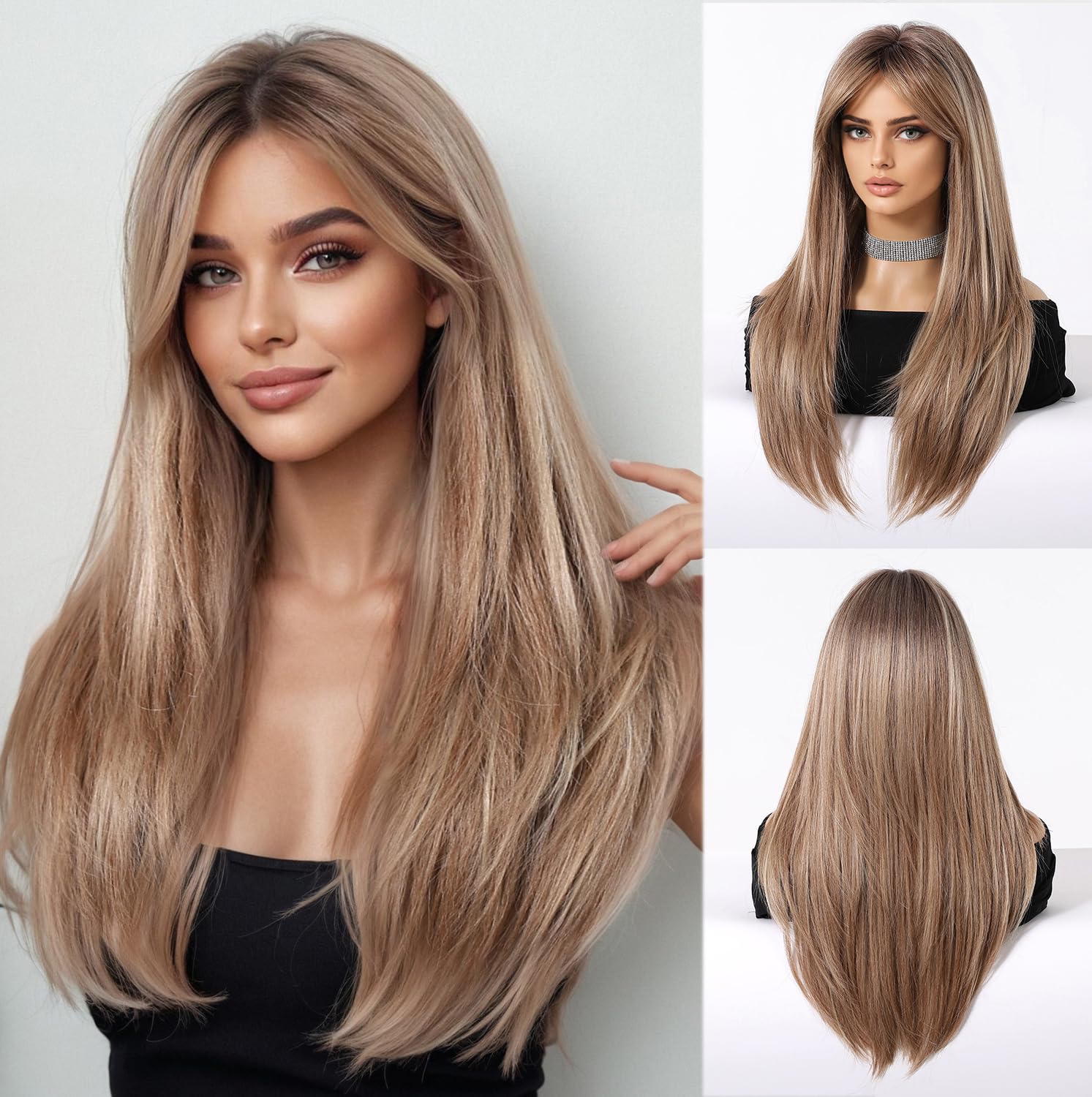 Esmee Długie Proste Popielate Blond Peruki Damskie Syntetyczne Włosy Naturalne Odporne na Temperaturę Peruka Ombre do Codziennego Użytku, na Imprezy i do Cosplayu