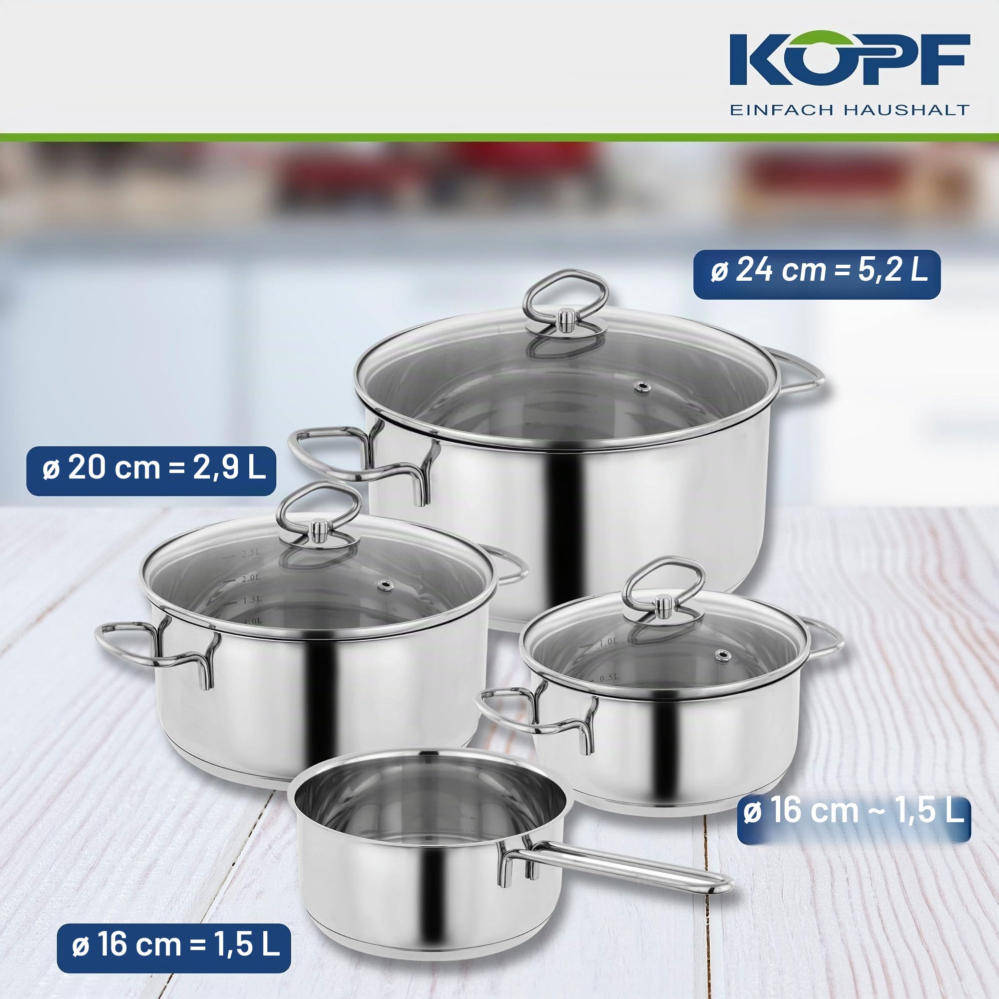 Kopf set di pentole in acciaio inossidabile - pentole a induzione con bordo di versamento, scala litri e coperchio di vetro - 4 pezzi